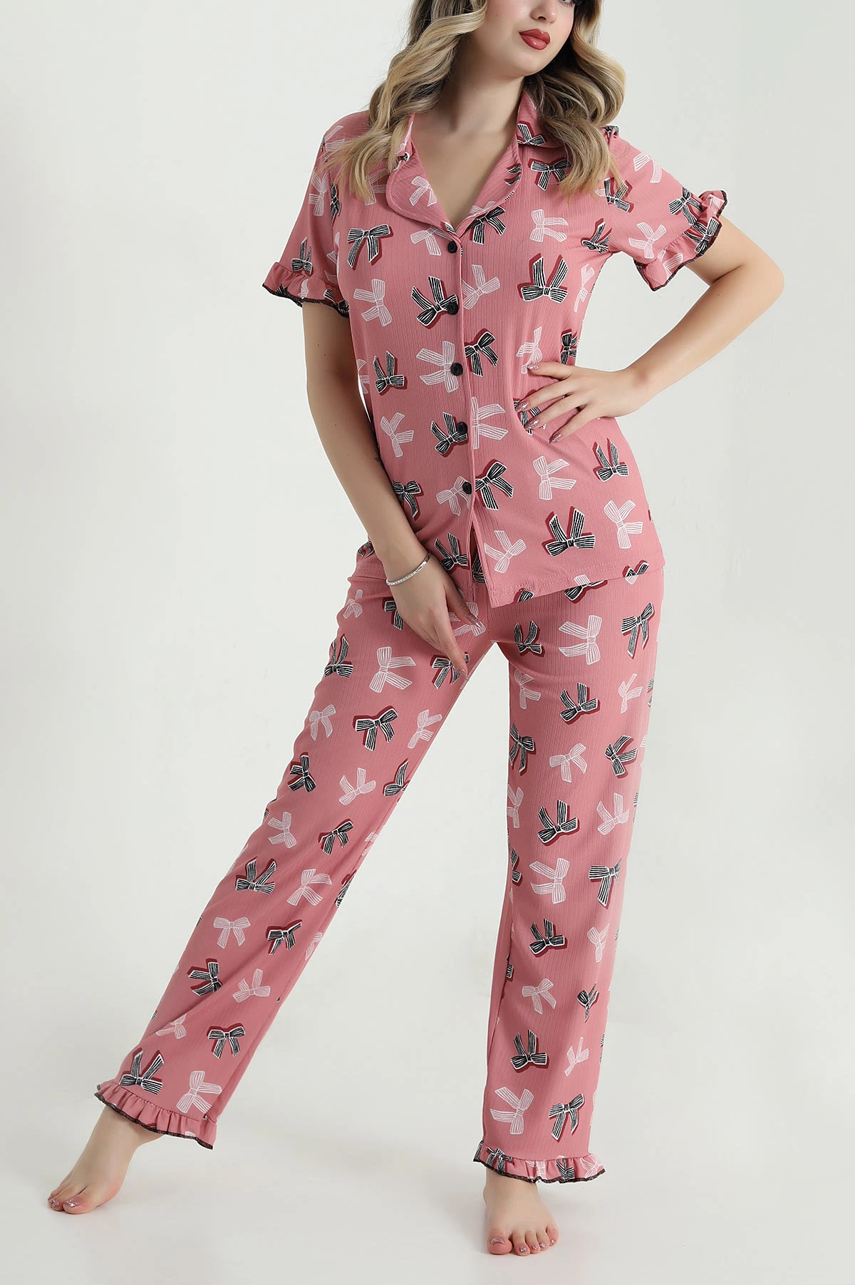 Pudra Düğmeli Sedef Kadın Pijama Takımı 479534