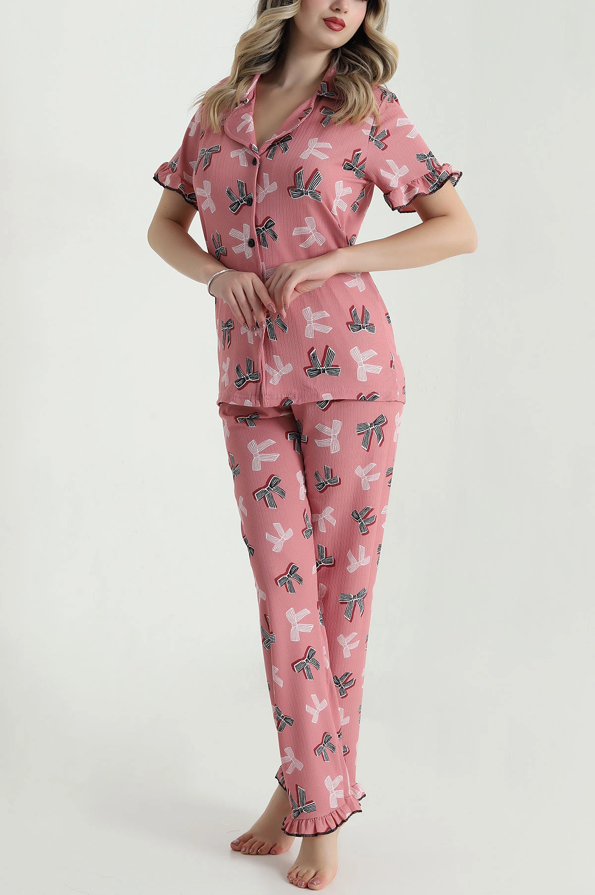 Pudra Düğmeli Sedef Kadın Pijama Takımı 479534
