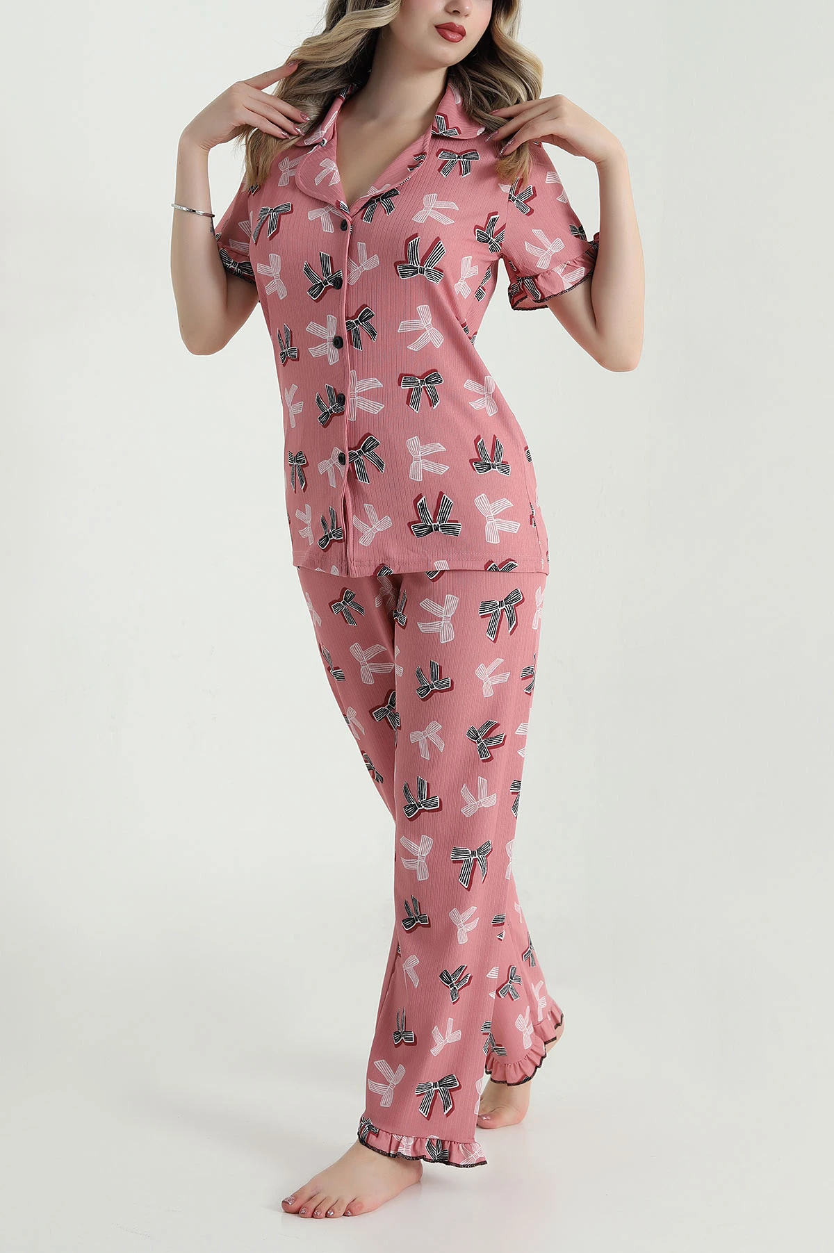 Pudra Düğmeli Sedef Kadın Pijama Takımı 479534