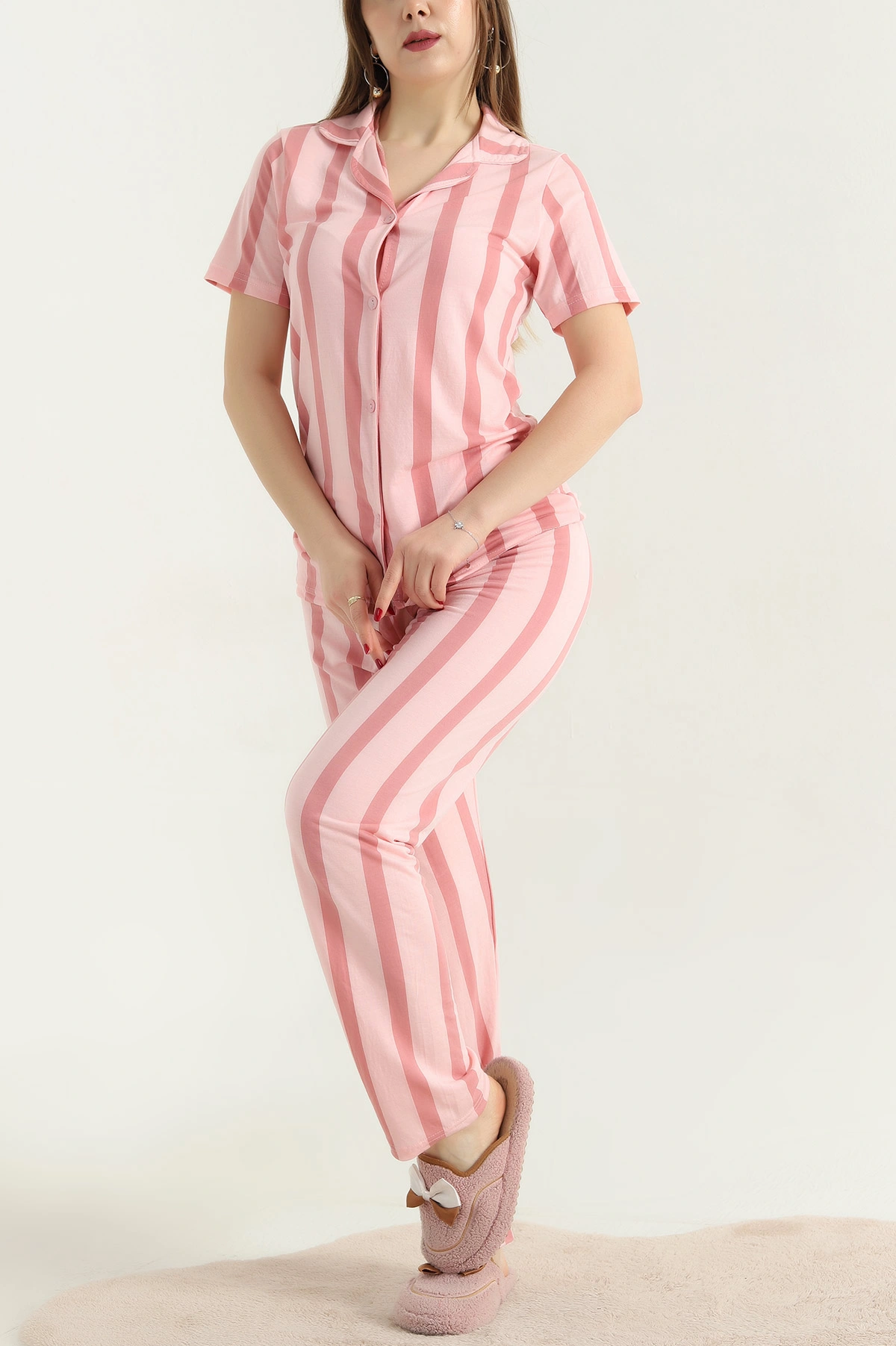 Pudra Düğmeli Viskon Bayan Pijama Takımı 338246