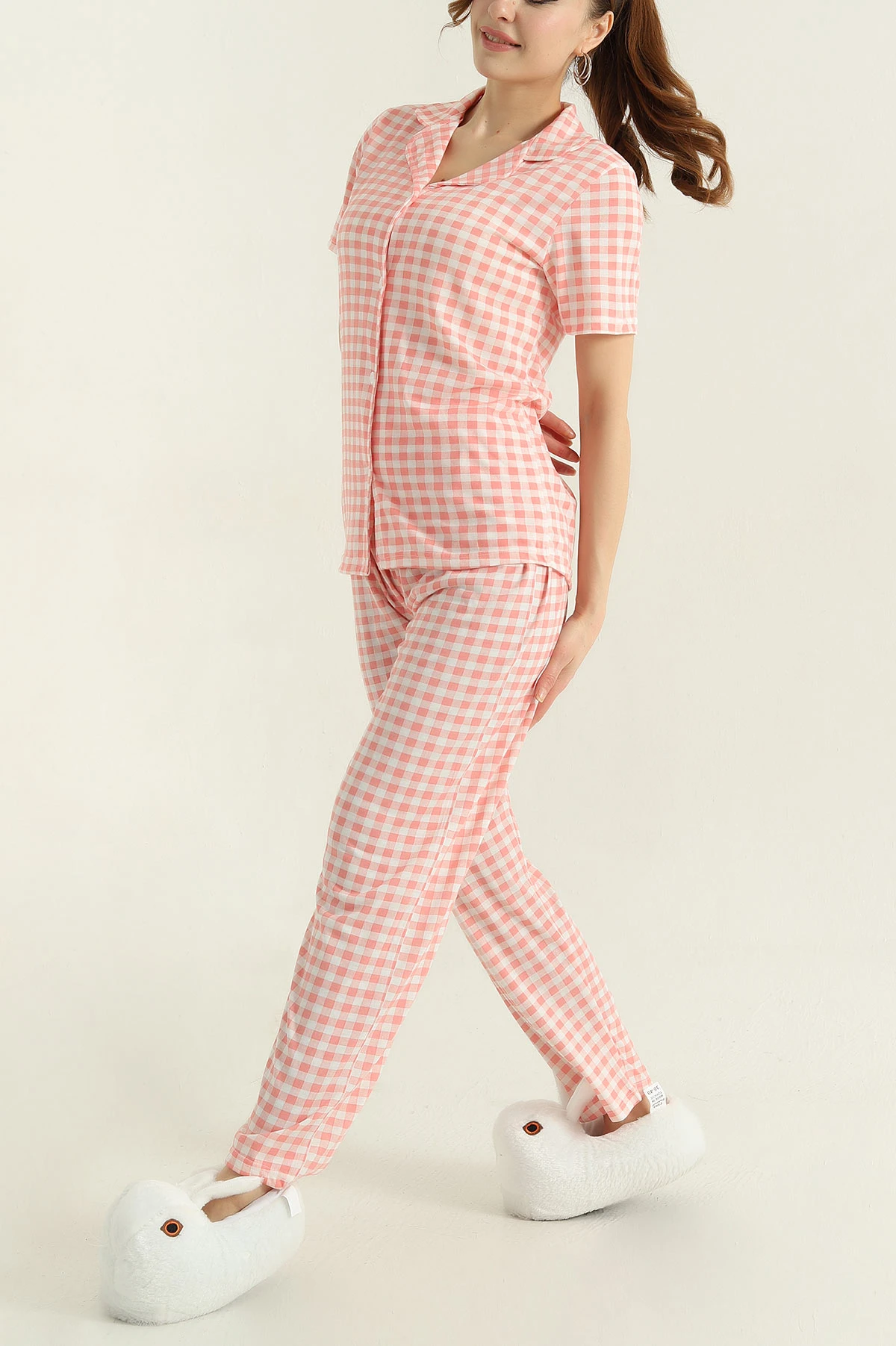 Pudra Düğmeli Viskon Kadın Pijama Takımı 347354