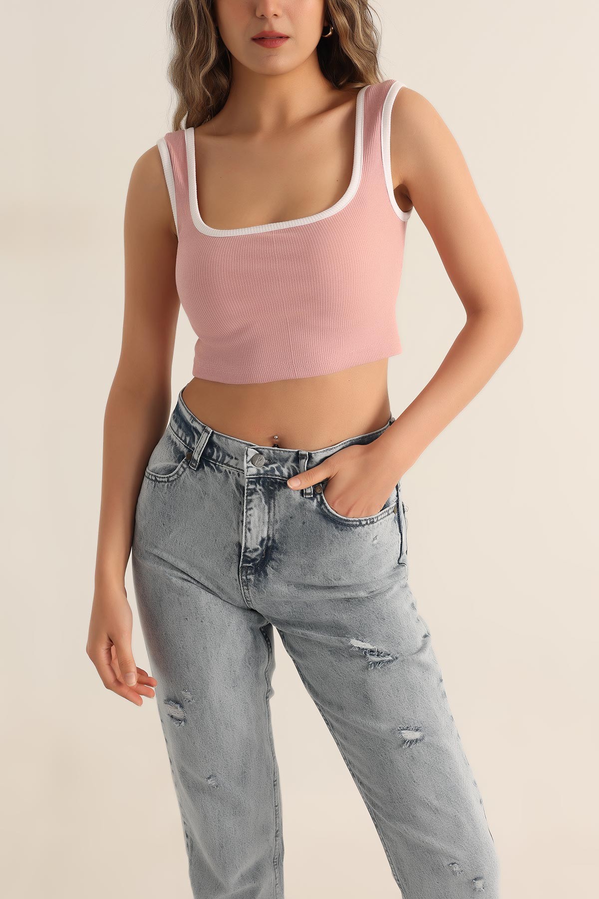 Pudra Fitilli Likralı Crop Üst 180286