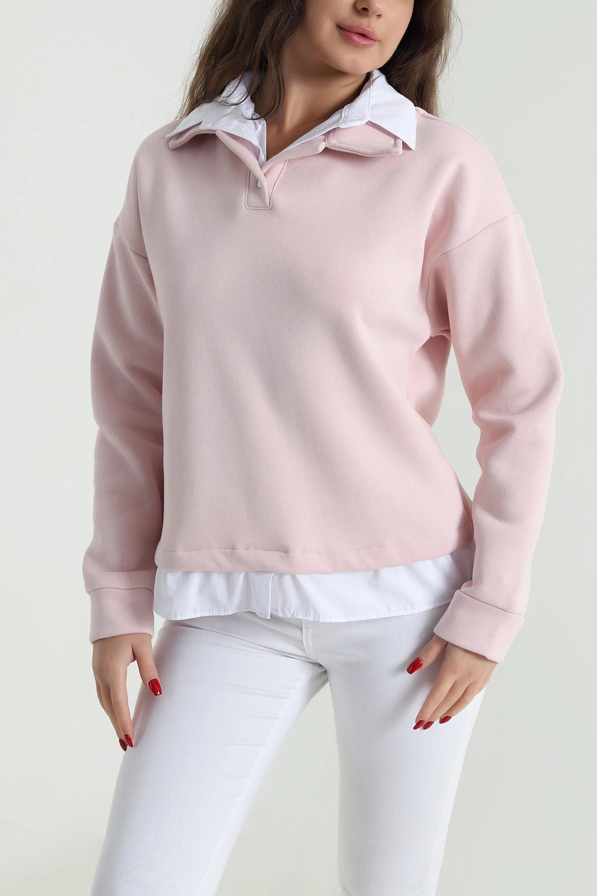 Pudra Gömlek Yaka Garnili Kadın Şardonlu Sweat 492801
