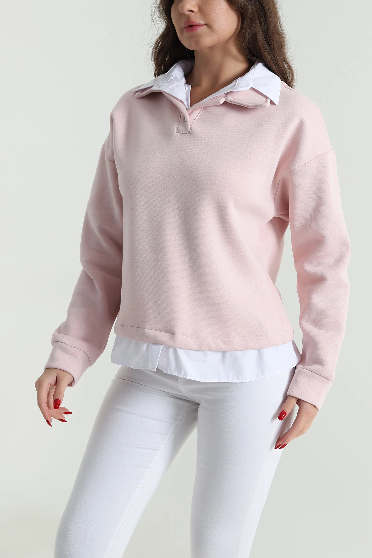 Pudra Gömlek Yaka Garnili Kadın Şardonlu Sweat 492801