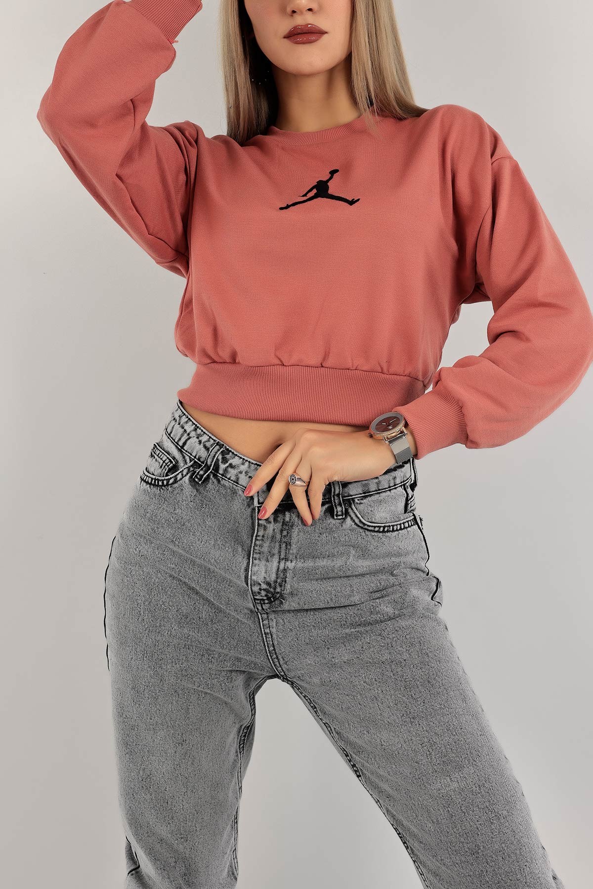 Pudra İki İp Nakışlı Sweat 138829