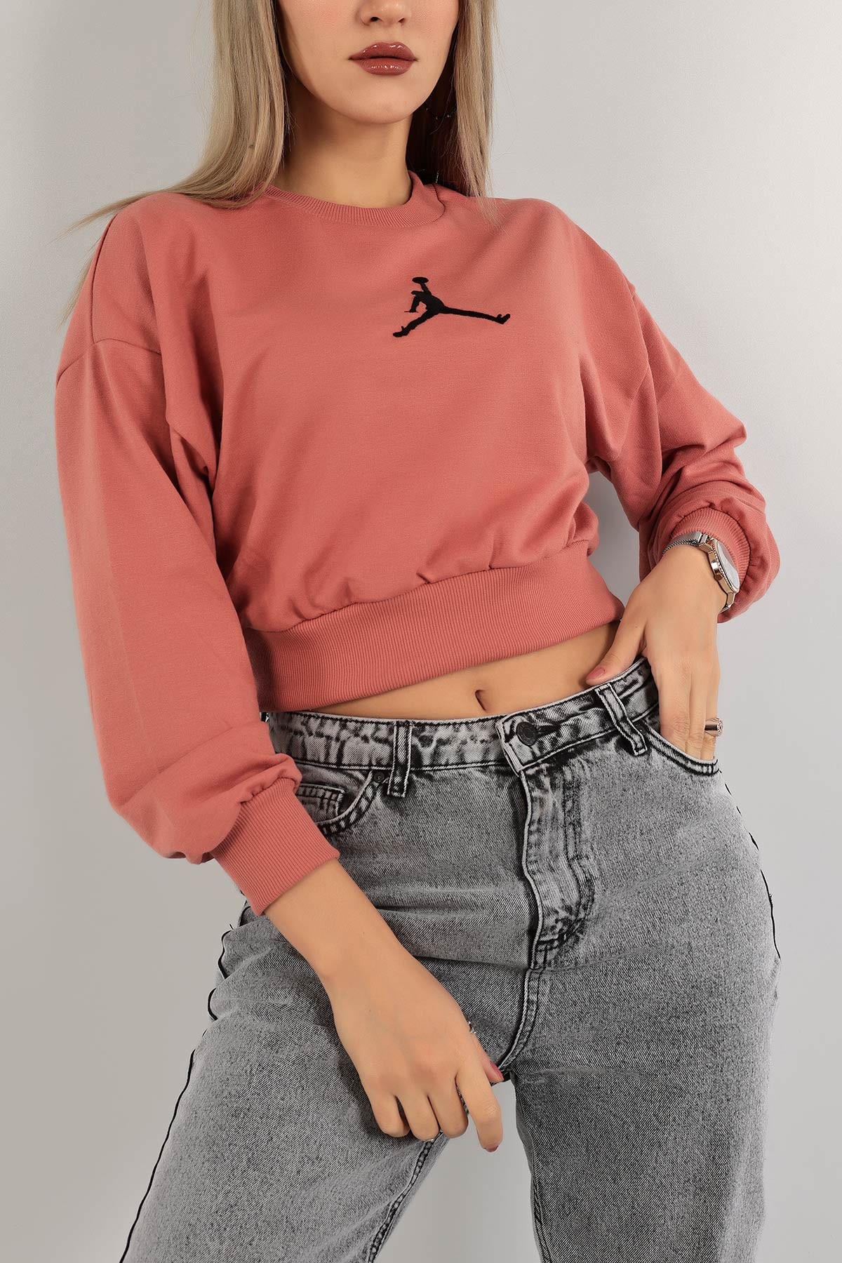 Pudra İki İp Nakışlı Sweat 138829