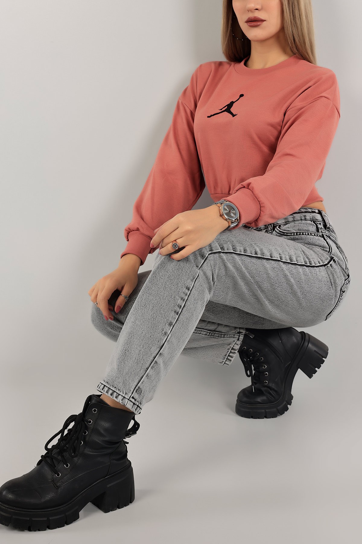 Pudra İki İp Nakışlı Sweat 138829