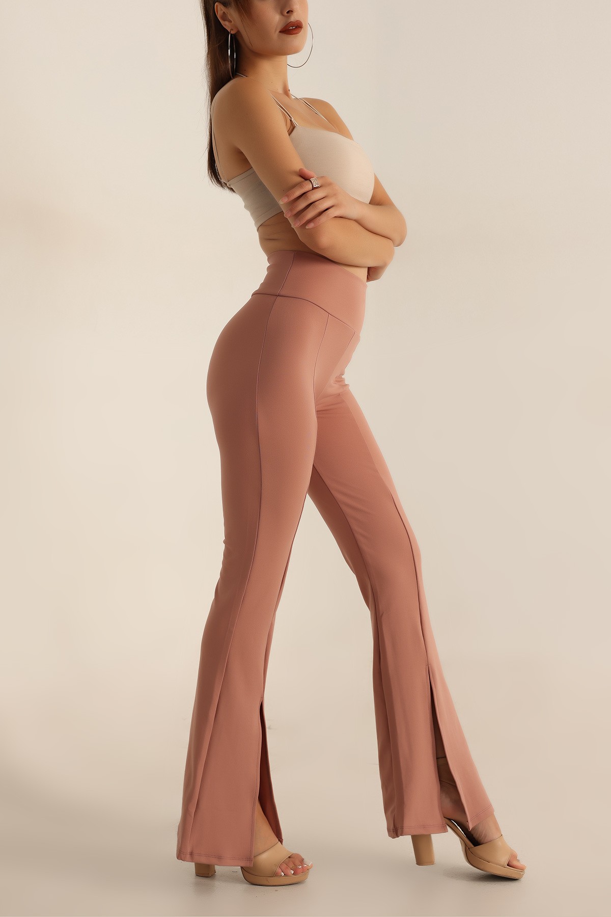Pudra İspanyol Paça YIrtmaçlı Bayan Pantalon 198824