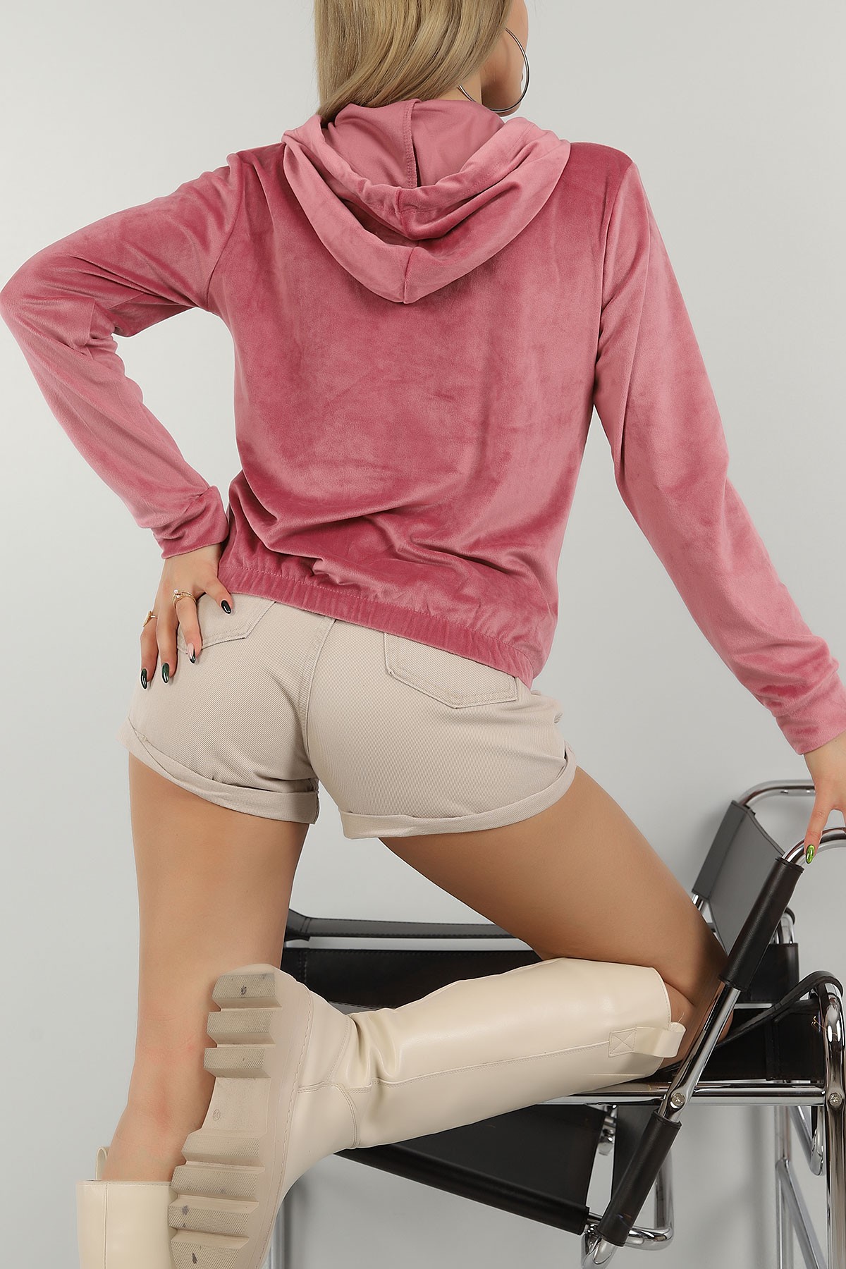 Pudra Kadife Kapüşonlu Bayan Sweat 147286