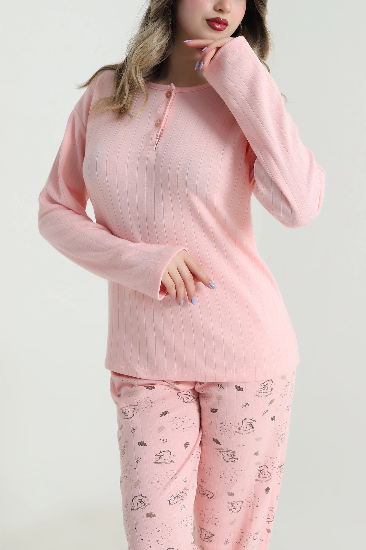 Pudra Kalın Fitilli Viskon Kadın Pijama Takımı 494631