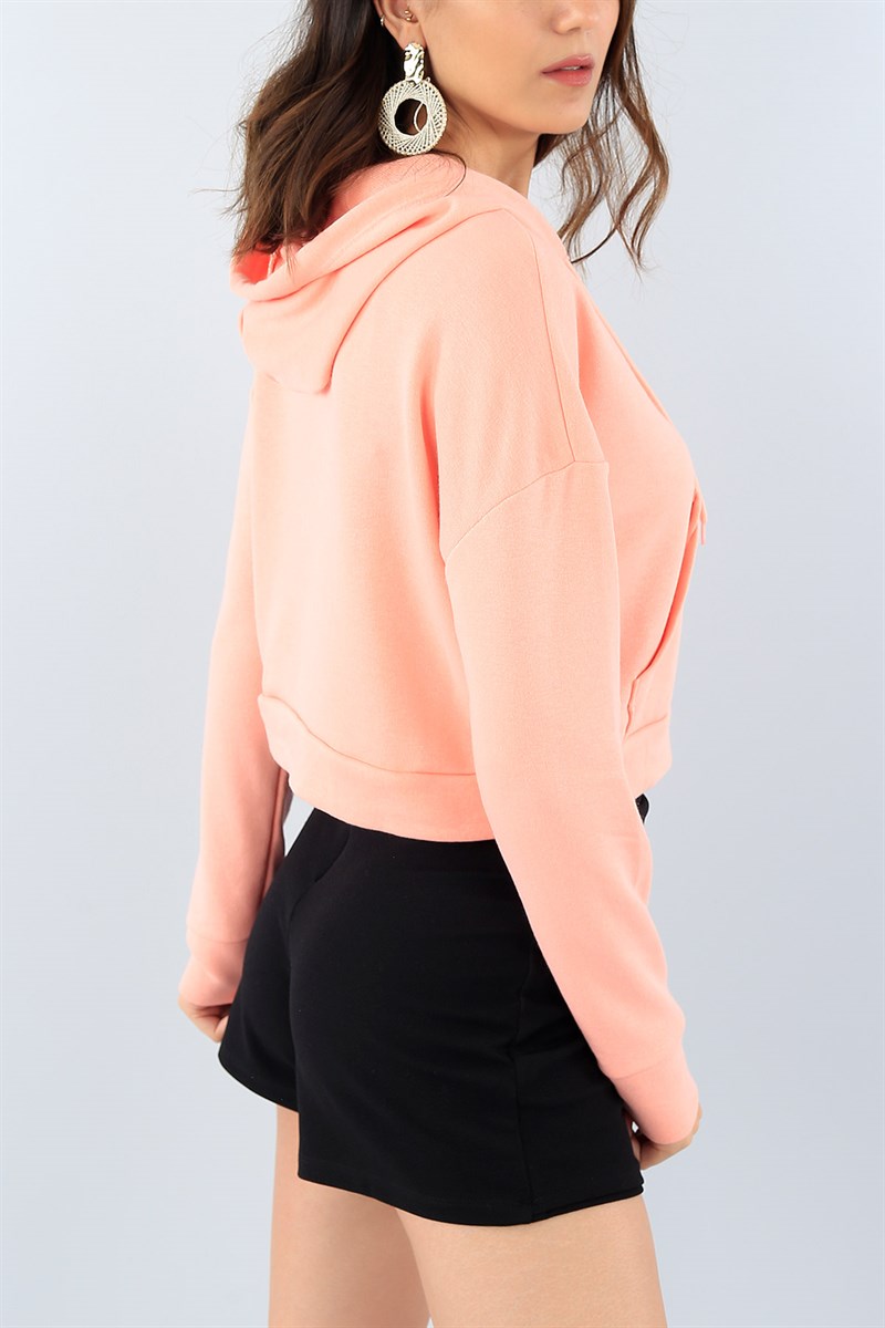 Pudra Kapüşonlu Crop Bayan Sweat 38824