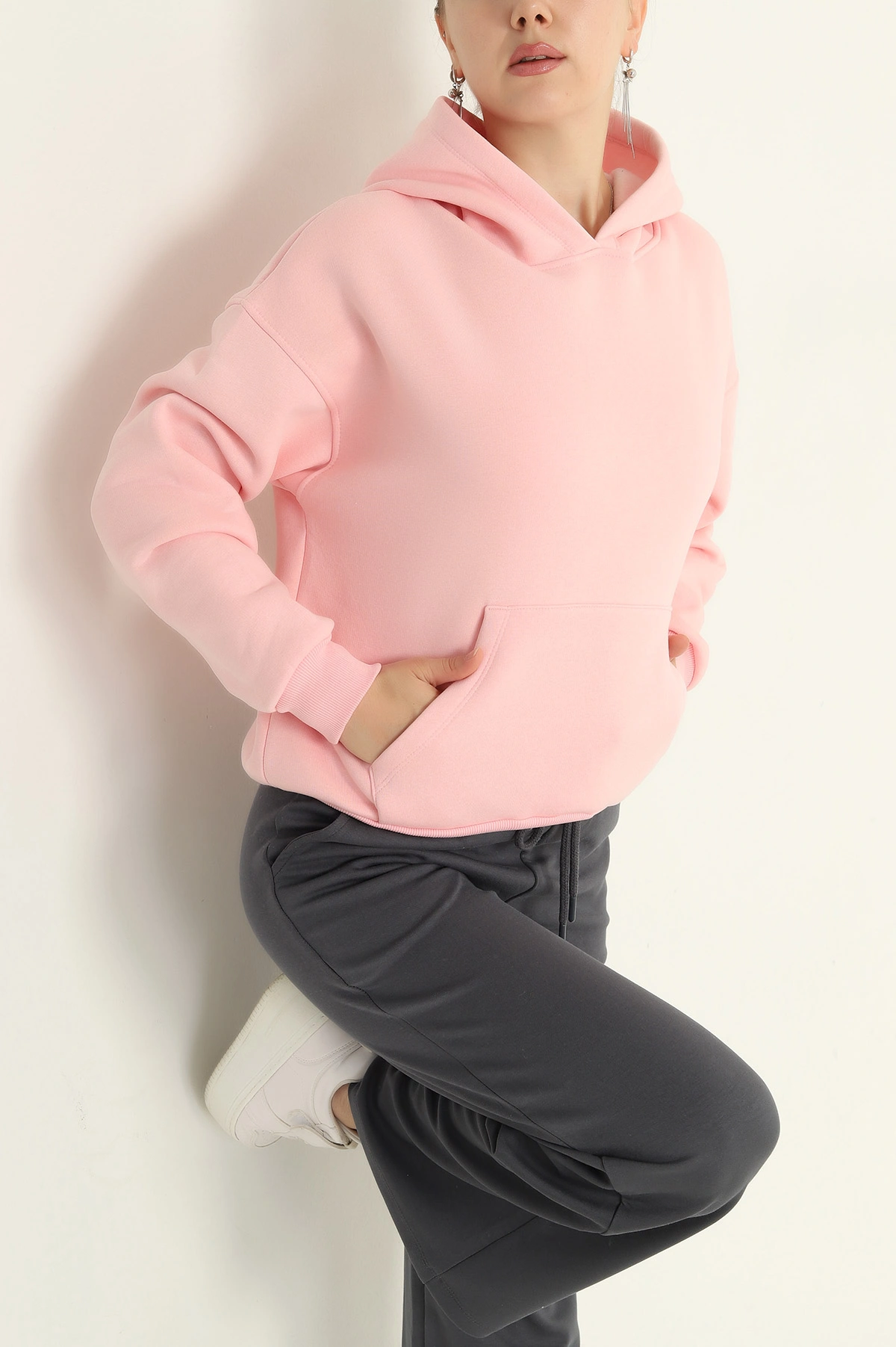 Pudra Kapüşonlu İçi Şardonlu Basic Sweat 292841