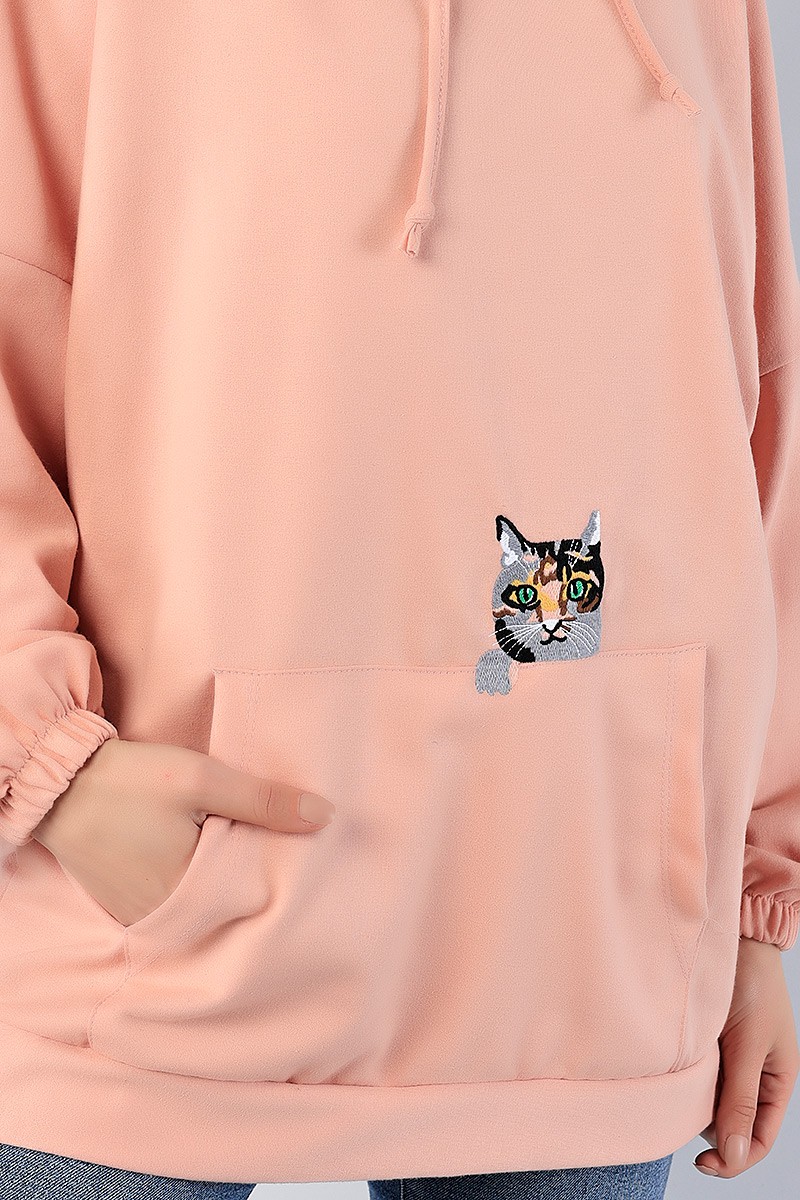 Pudra Kedi Nakışlı Sweat Tunik 79921