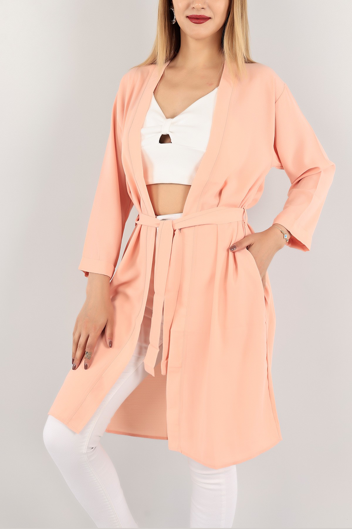 Pudra Kemerli Duble Kol Kimono Hırka 116409