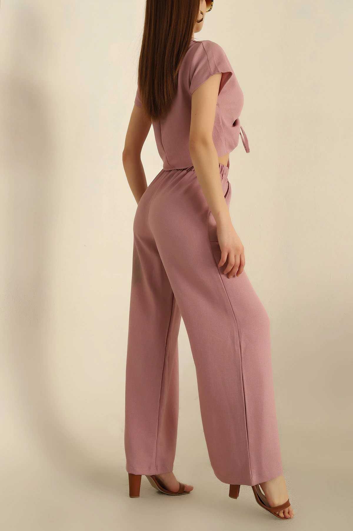 Pudra Keten Büzgülü Bluz Pantolon Takım 259936