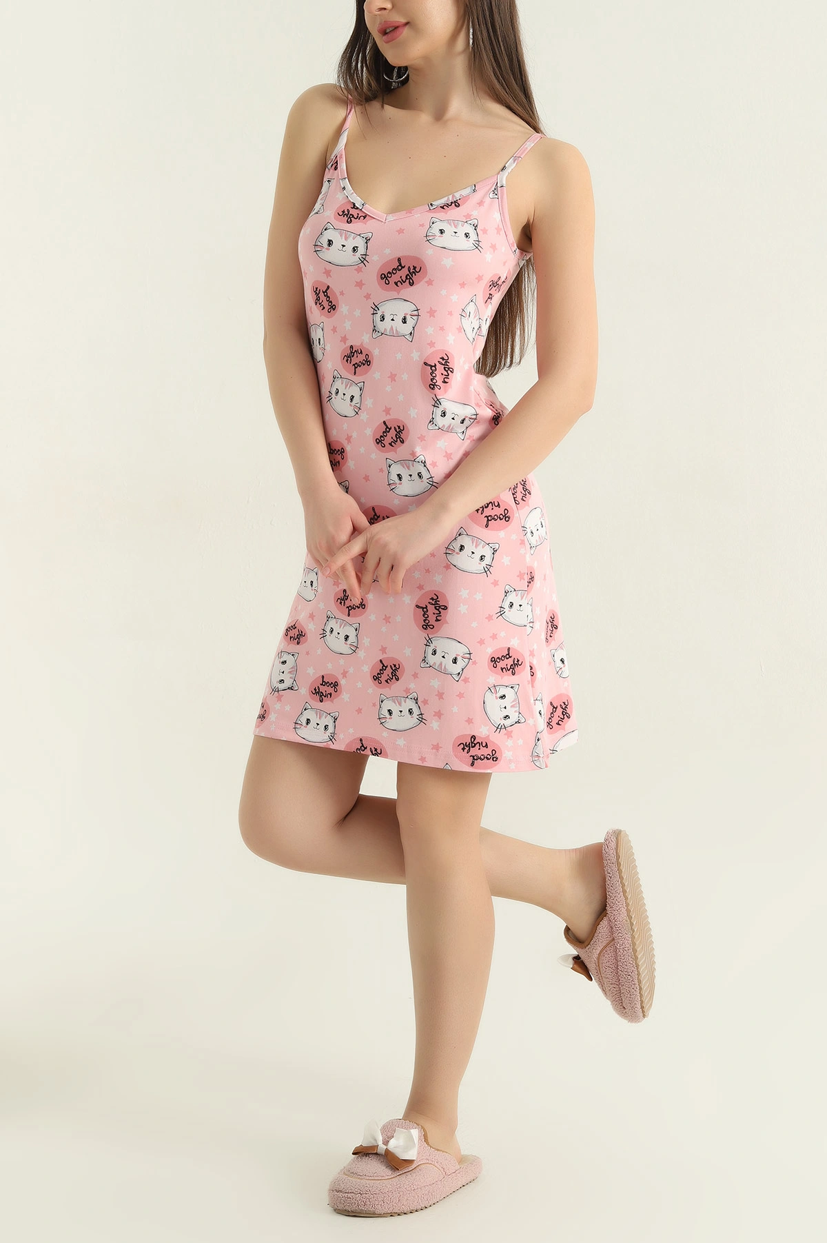 Pudra Likralı Desenli Milan Kadın Elbise Pijama 357189