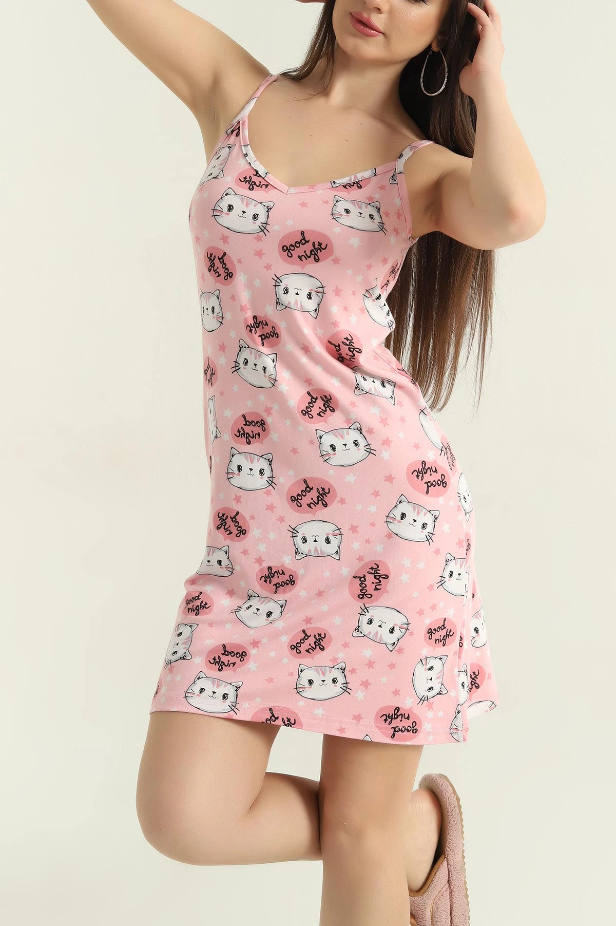 Pudra Likralı Desenli Milan Kadın Elbise Pijama 357189