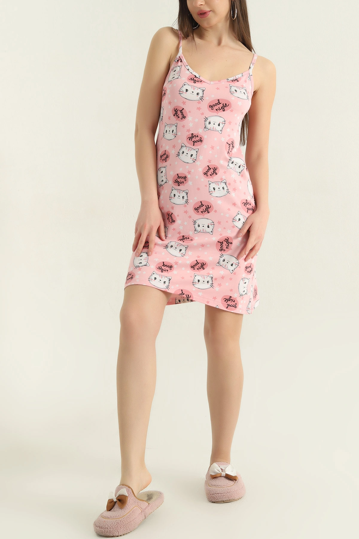Pudra Likralı Desenli Milan Kadın Elbise Pijama 357189