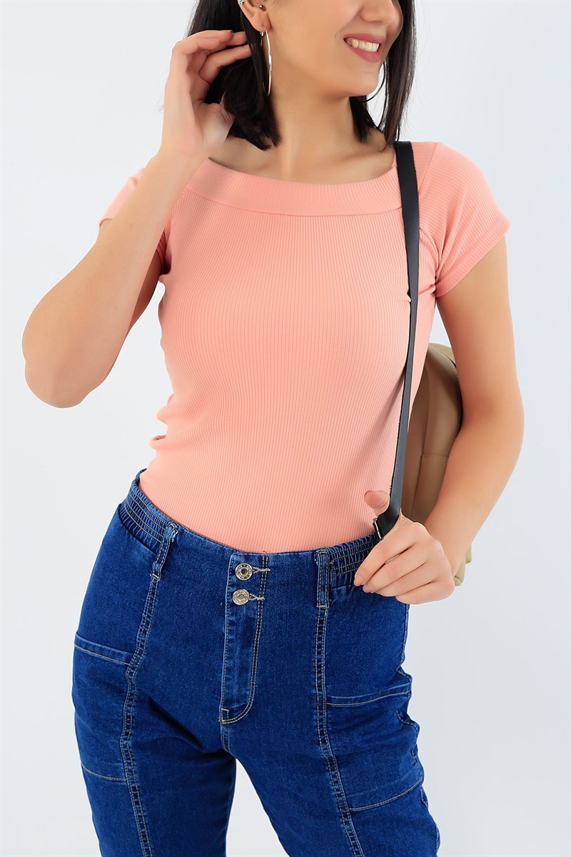 Pudra Madonna Yaka Likralı Bluz 28922B