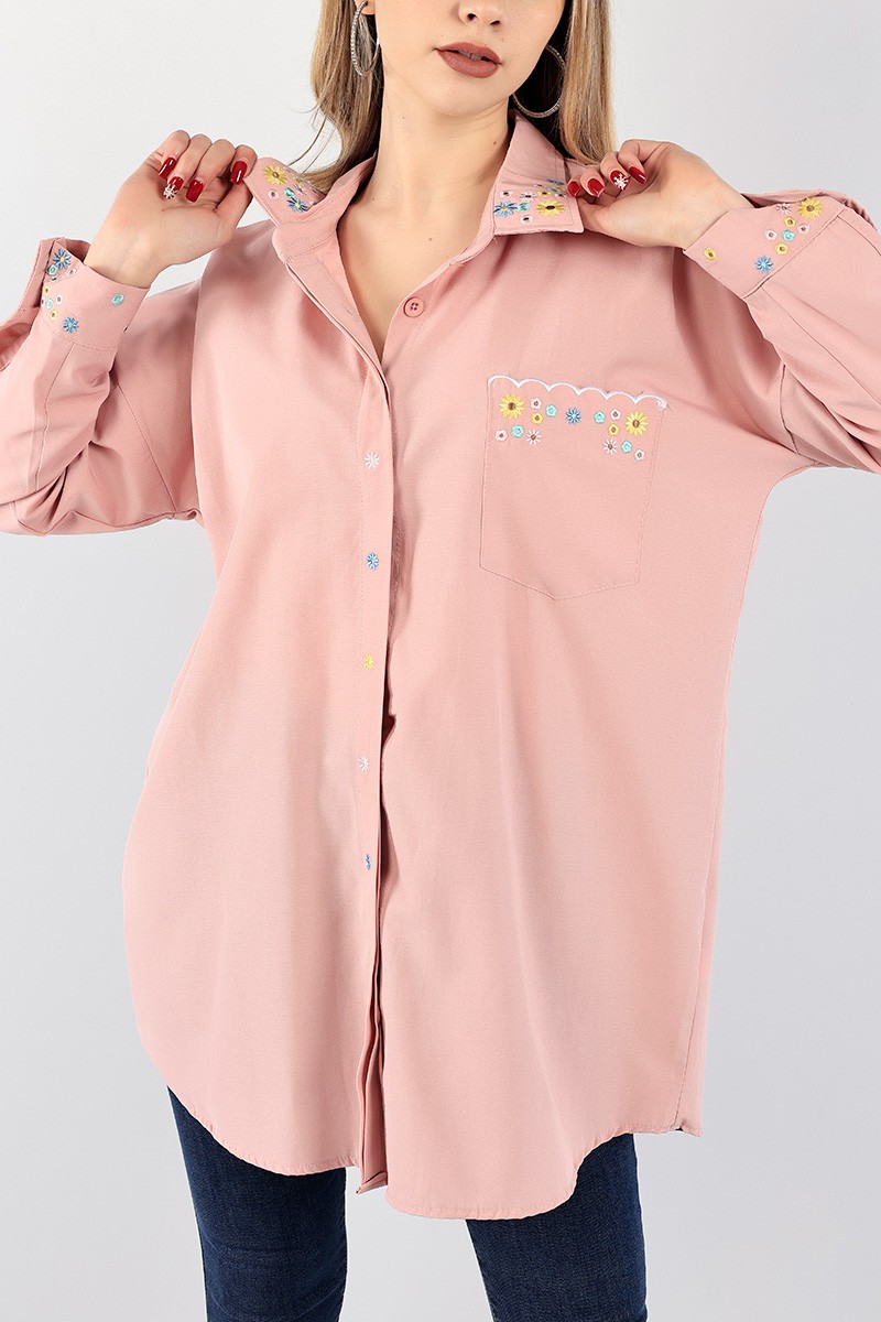 Pudra Nakışlı Poplin Gömlek Tunik 96453