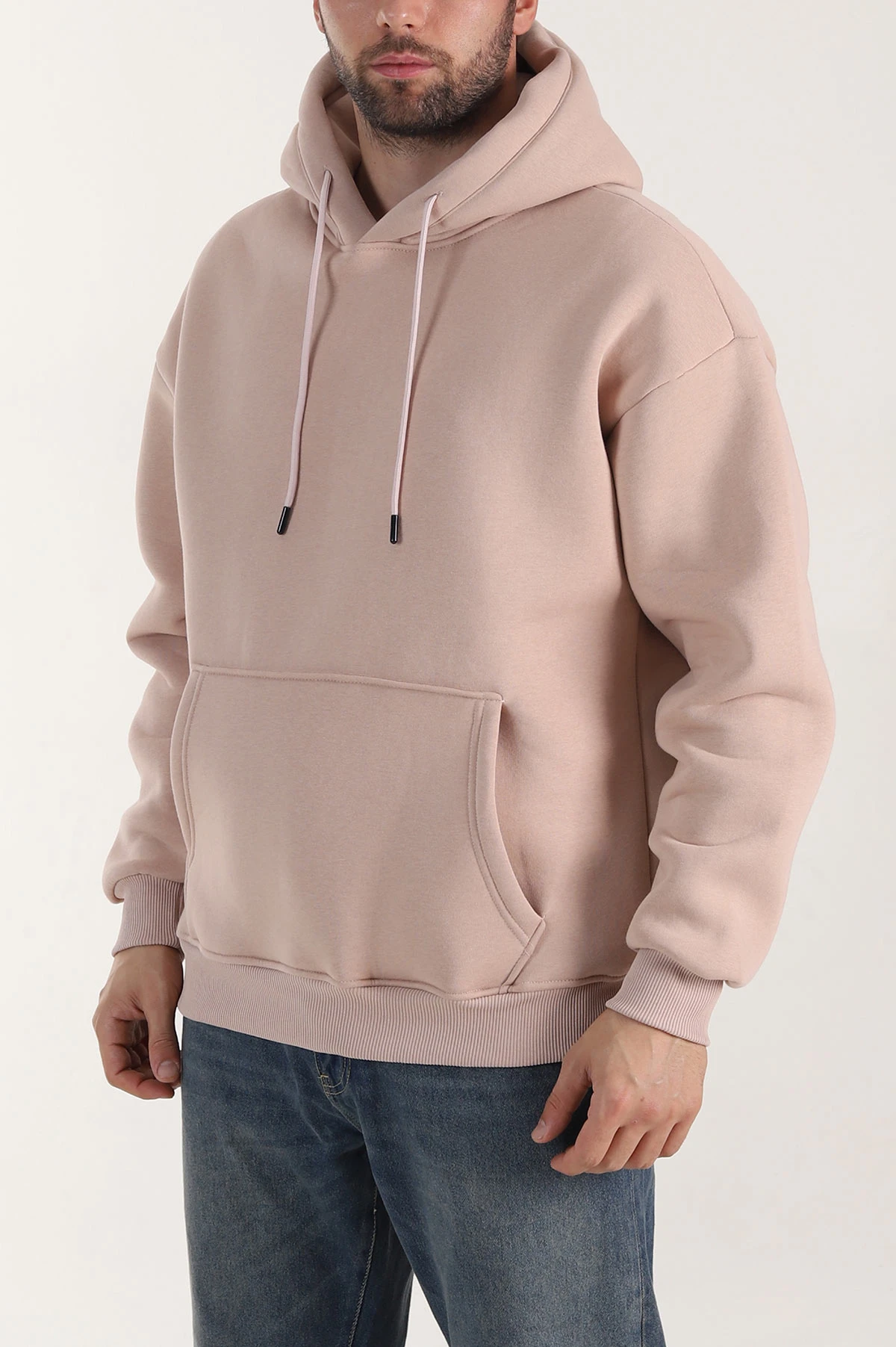 Pudra Oversize Üç İp Şardonlu Erkek Basic Kapüşonlu Sweatshirt 412702