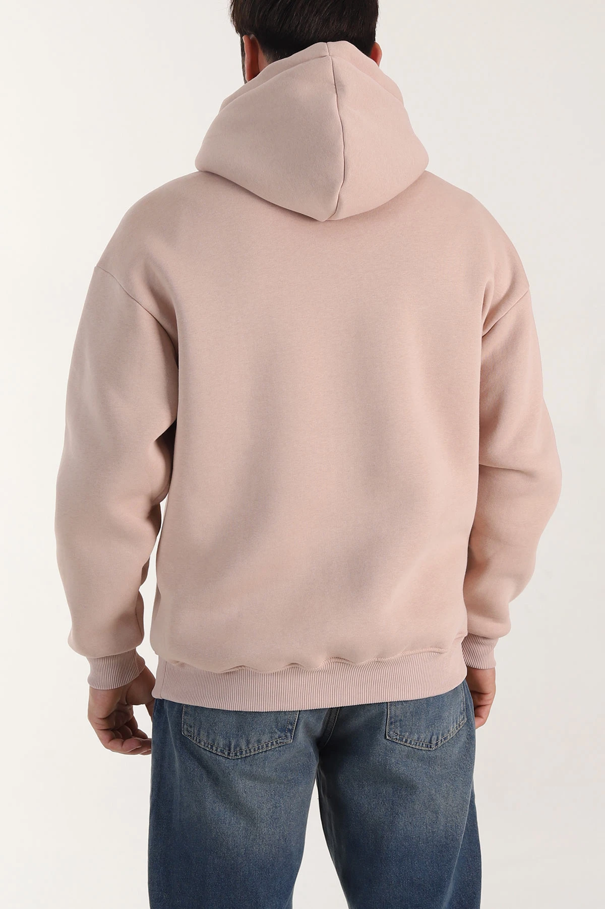 Pudra Oversize Üç İp Şardonlu Erkek Basic Kapüşonlu Sweatshirt 412702