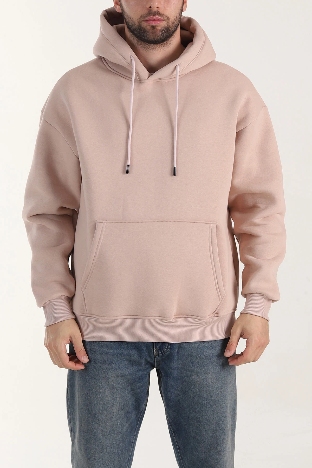 Pudra Oversize Üç İp Şardonlu Erkek Basic Kapüşonlu Sweatshirt 412702