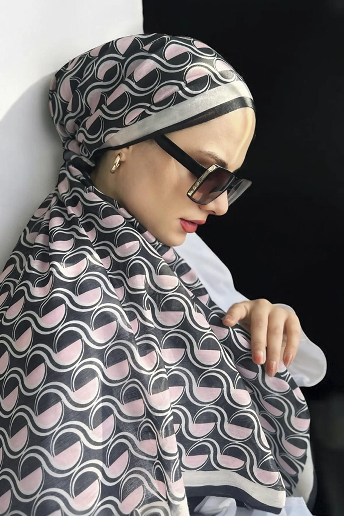 Pudra-Pembe 90x90 Cm Dijital Baskı Ay Işığı Desenli Pamuk Eşarp 372974