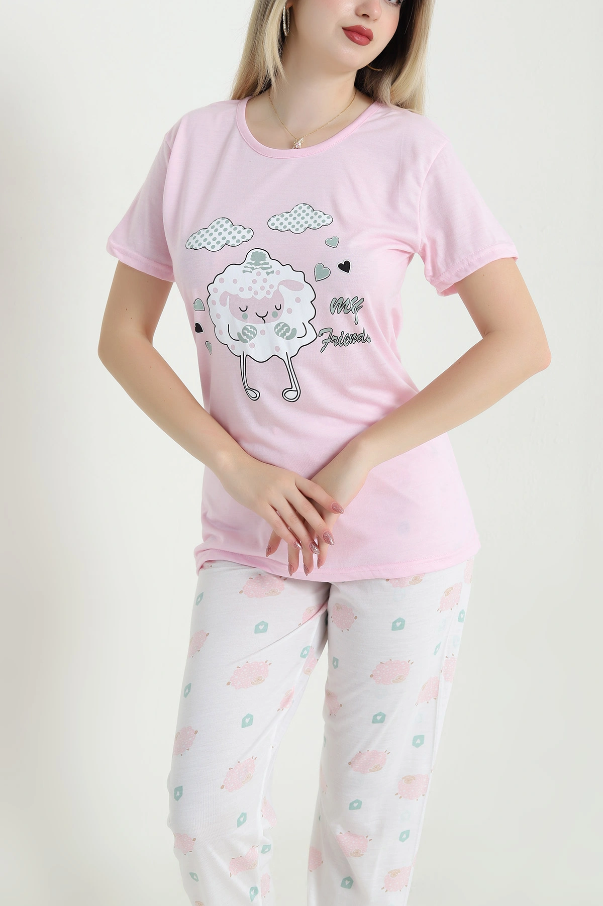 Pudra Pembe Desenli Viskon Kadın Pijama Takımı 466615