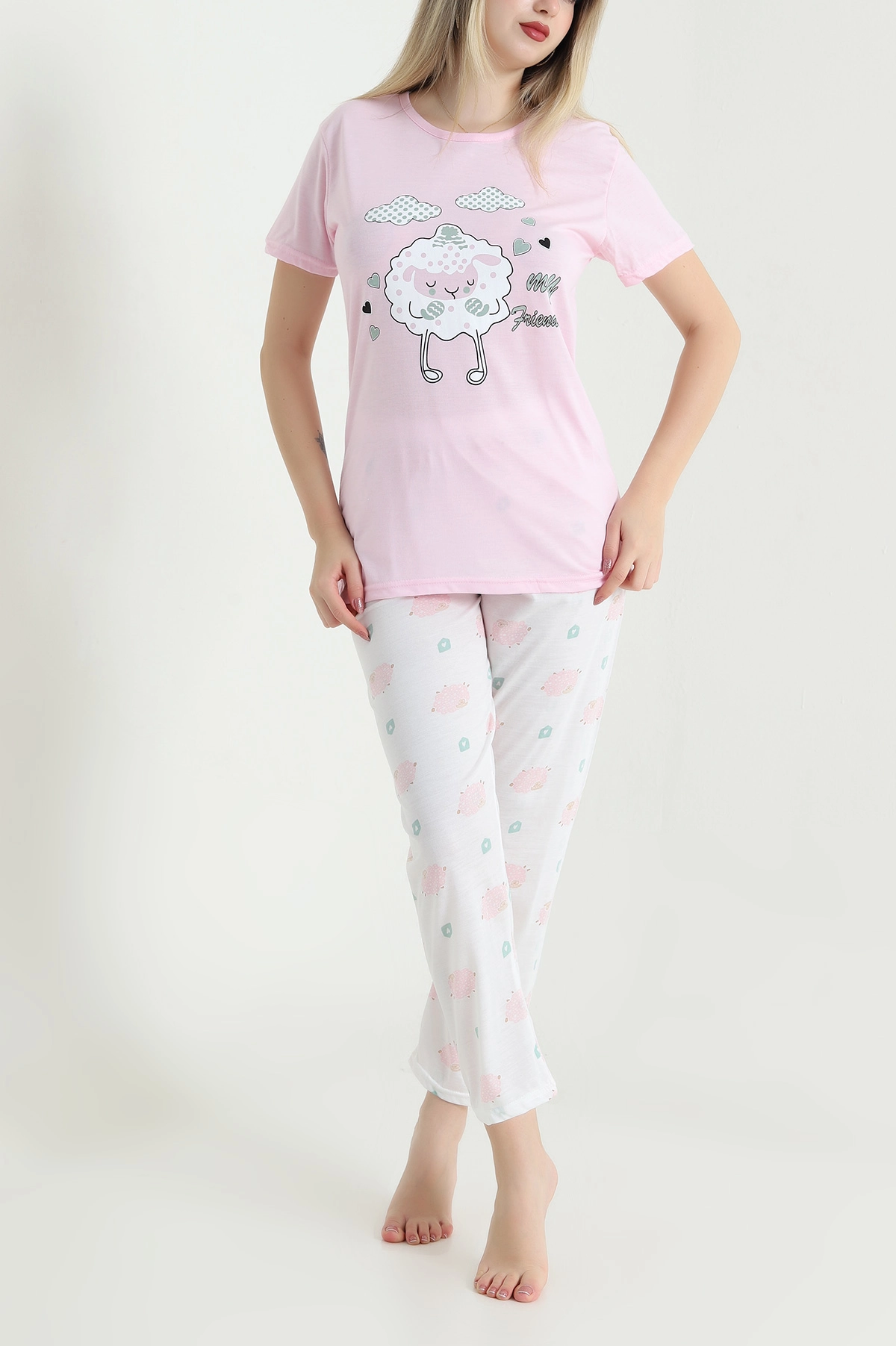 Pudra Pembe Desenli Viskon Kadın Pijama Takımı 466615