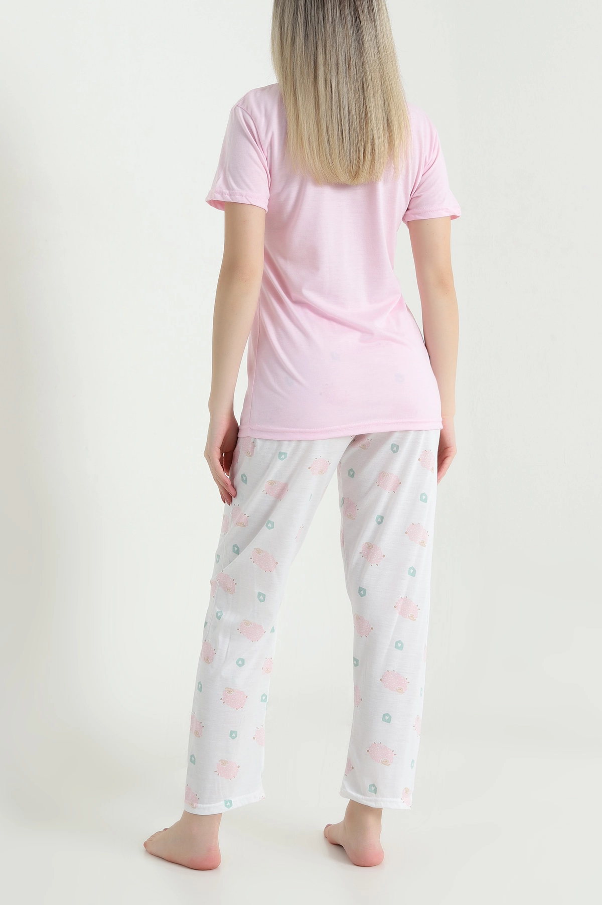 Pudra Pembe Desenli Viskon Kadın Pijama Takımı 466615