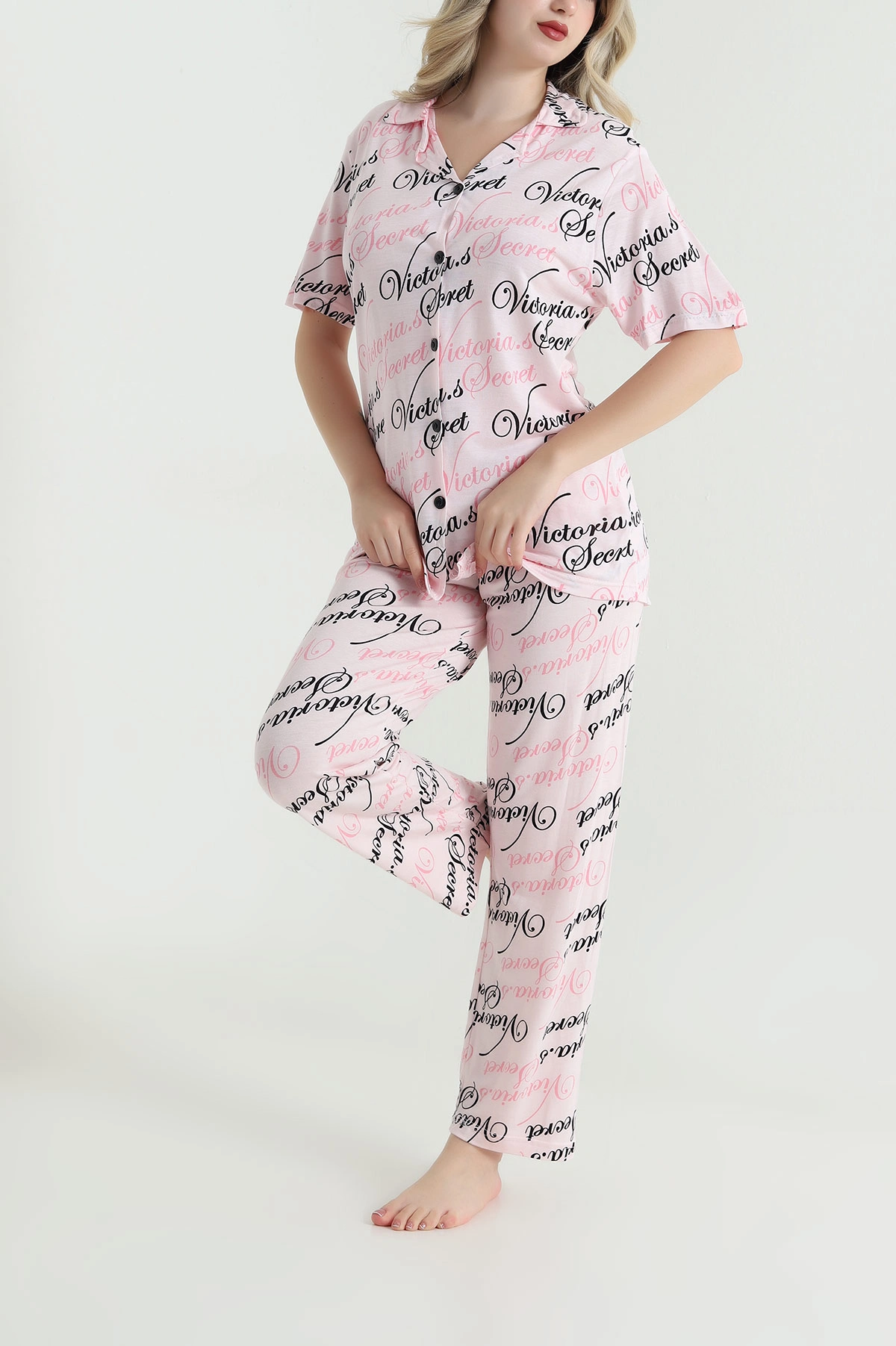 Pudra Pembe Düğmeli Viskon Kadın Pijama Takımı 466681