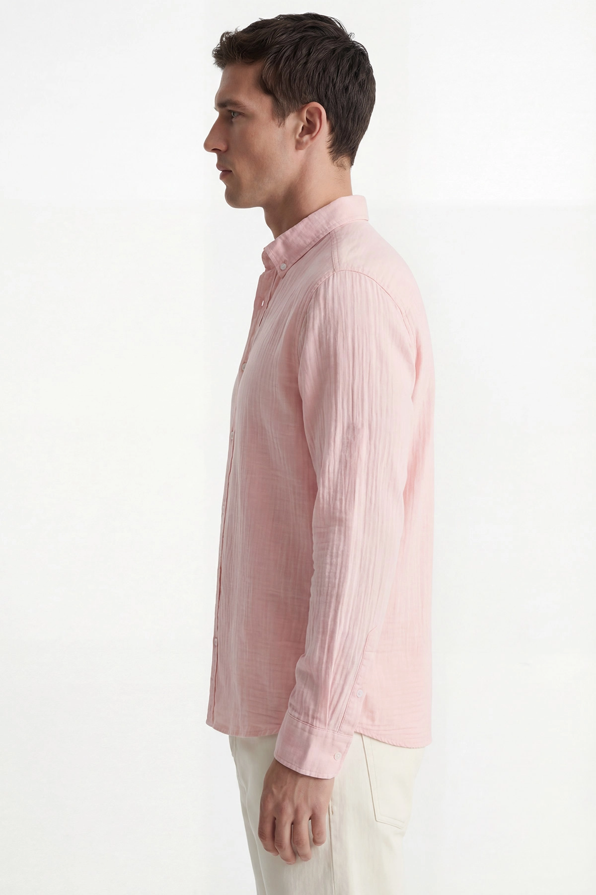 Pudra Relaxed Fit Müslin Keten Ata Yaka Erkek Gömlek 435746