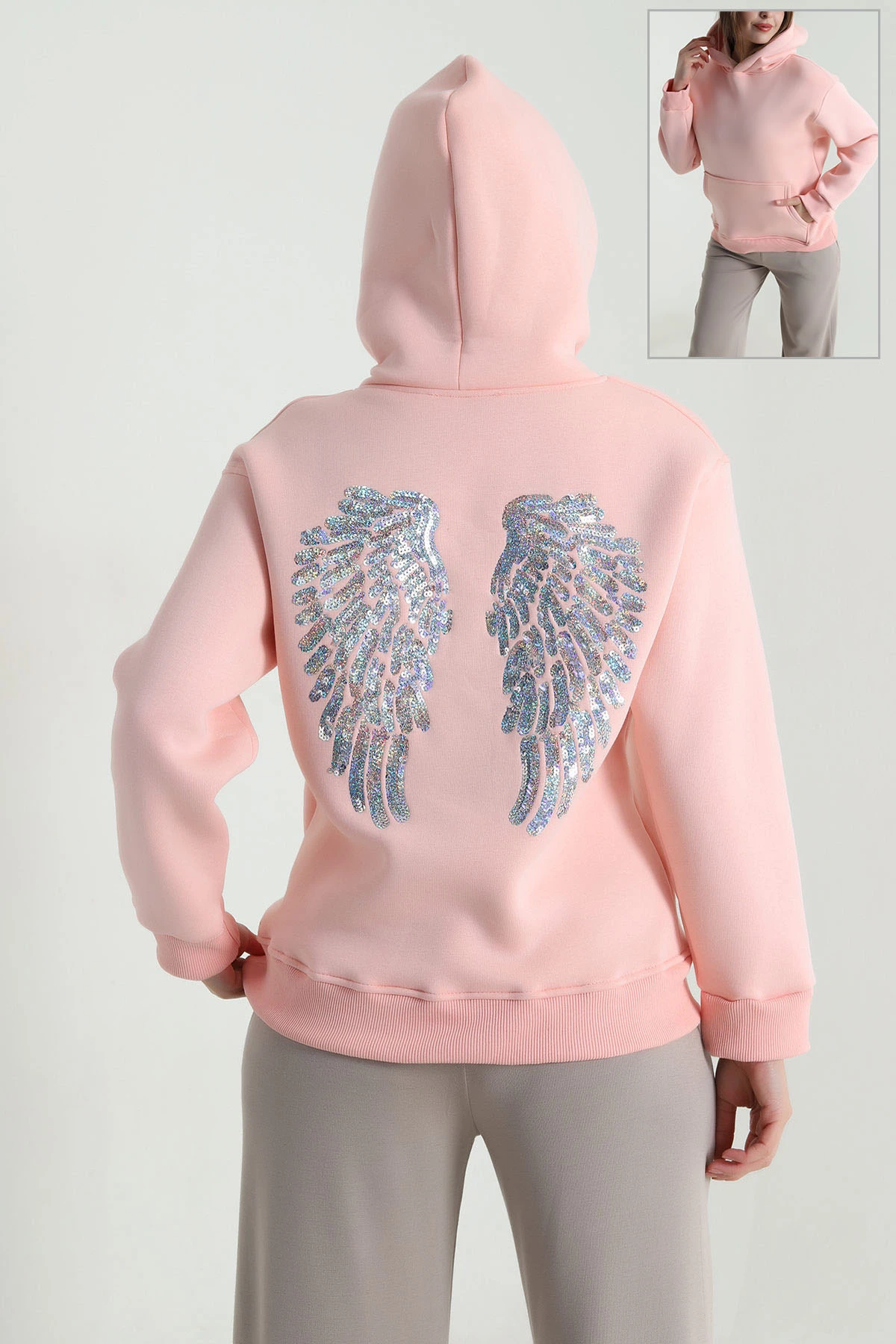 Pudra Sırtı Pul İşlemeli Şardonlu Kadın Fermuarsız Sweat 494469