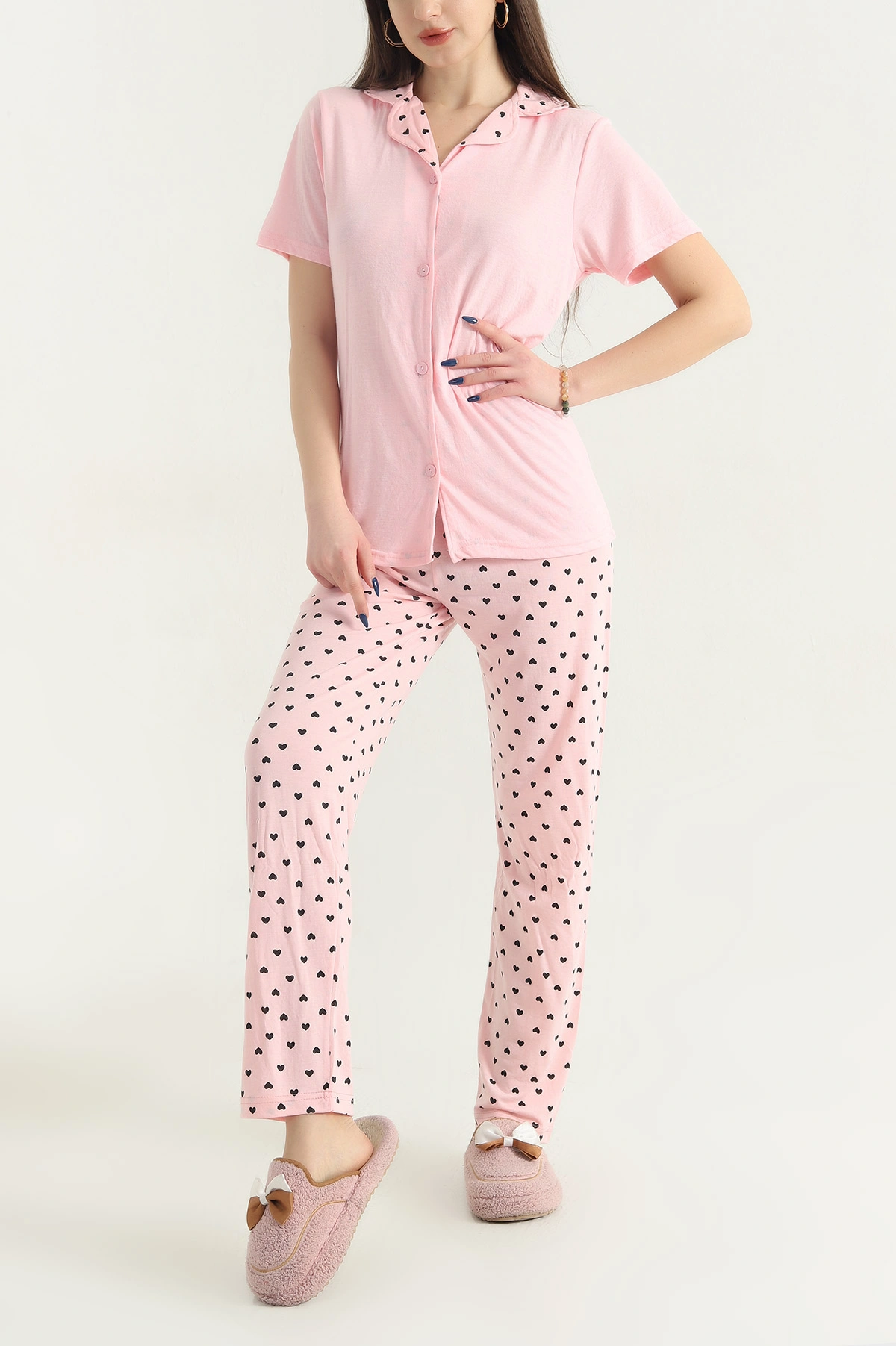 Pudra Viskon Düğmeli Kadın Pijama Takımı 341725