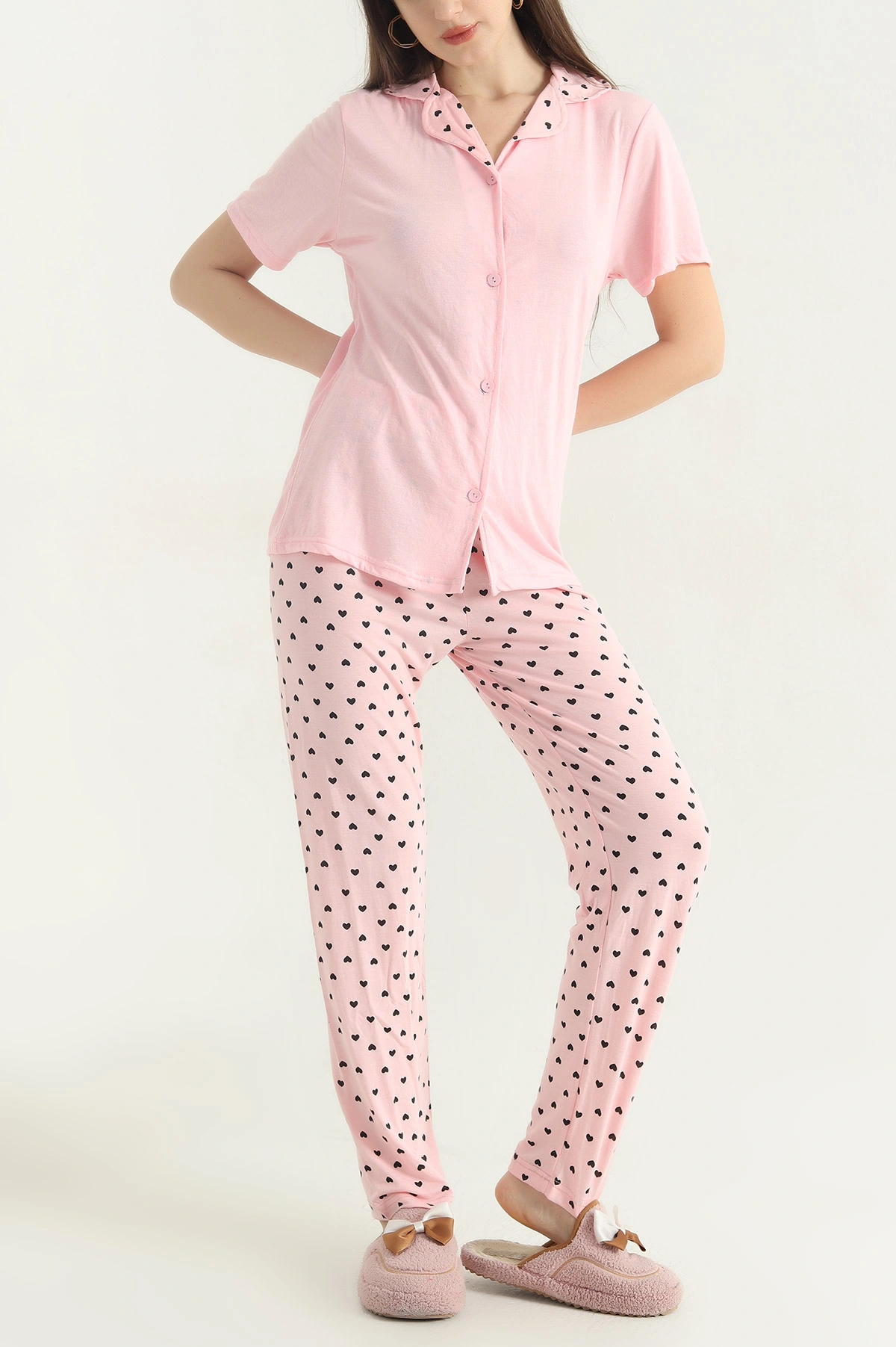 Pudra Viskon Düğmeli Kadın Pijama Takımı 341725