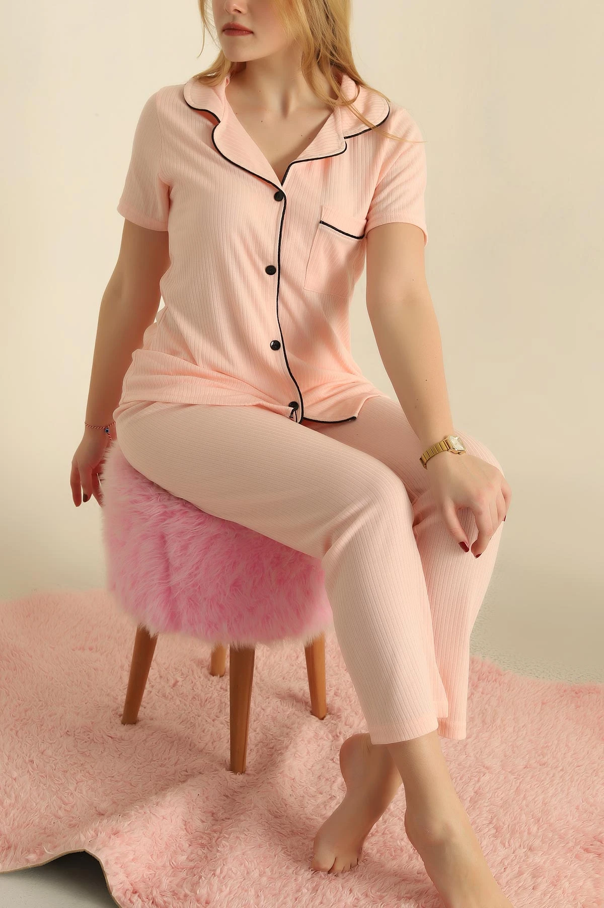 Pudra Viskon Düğmeli Fitilli Pijama Takımı 251554