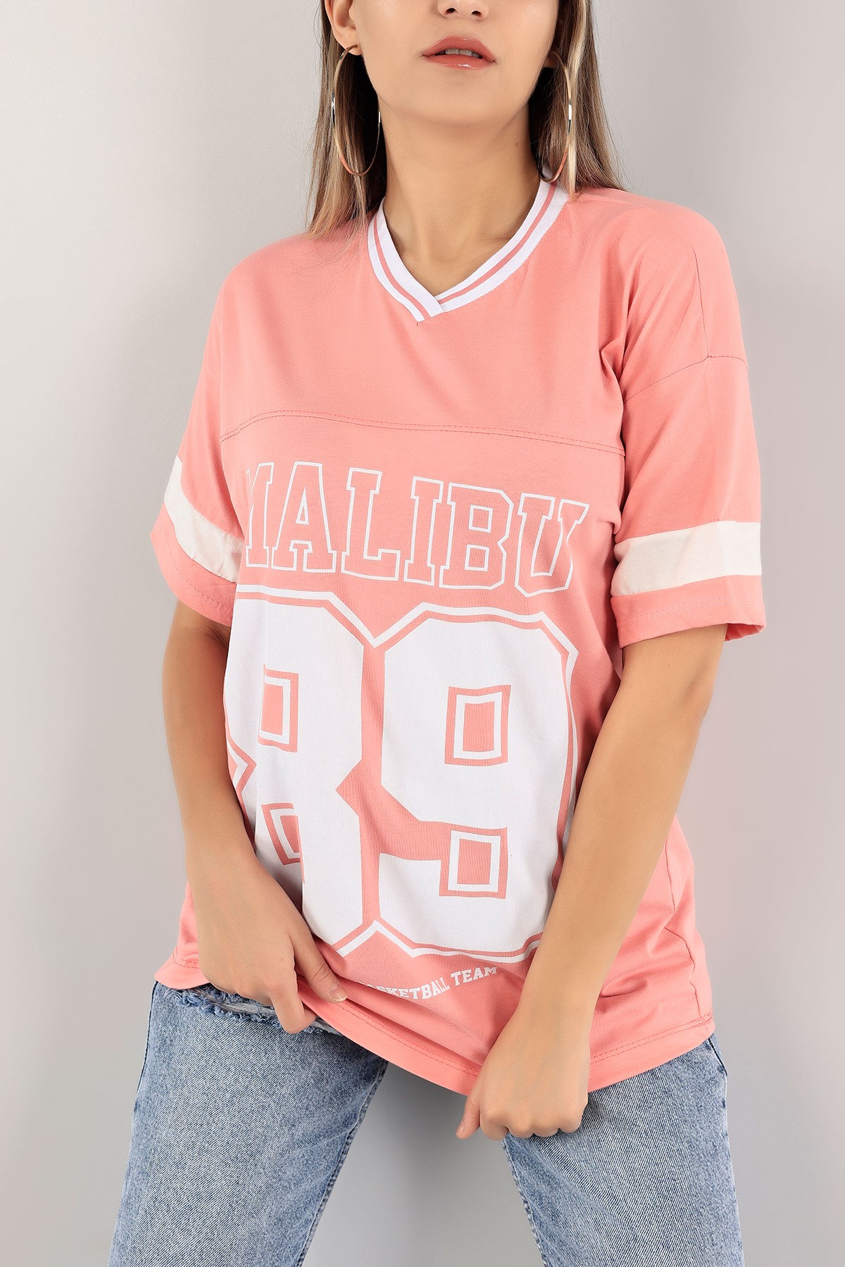 Pudra Yaka Ribanalı Oversize Bayan Tişört 121783