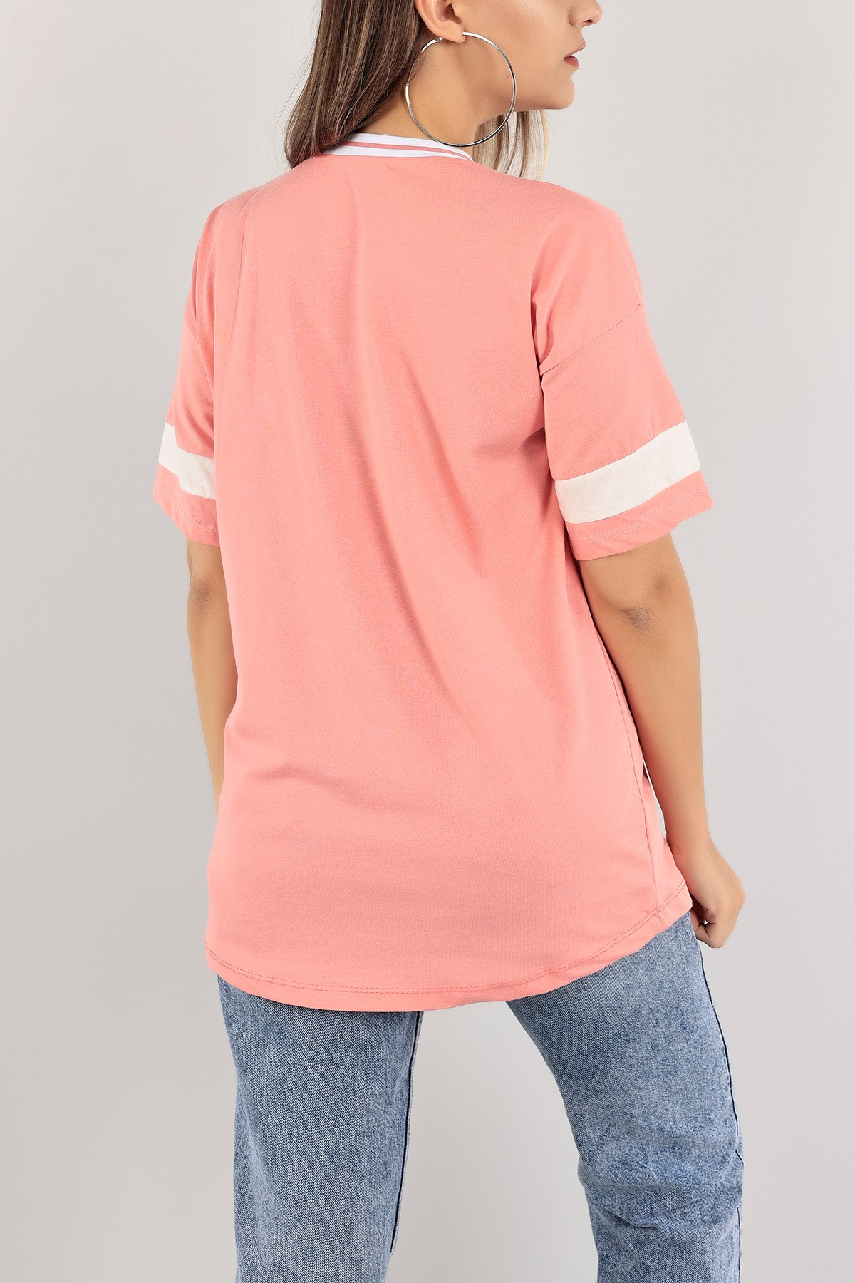 Pudra Yaka Ribanalı Oversize Bayan Tişört 121783
