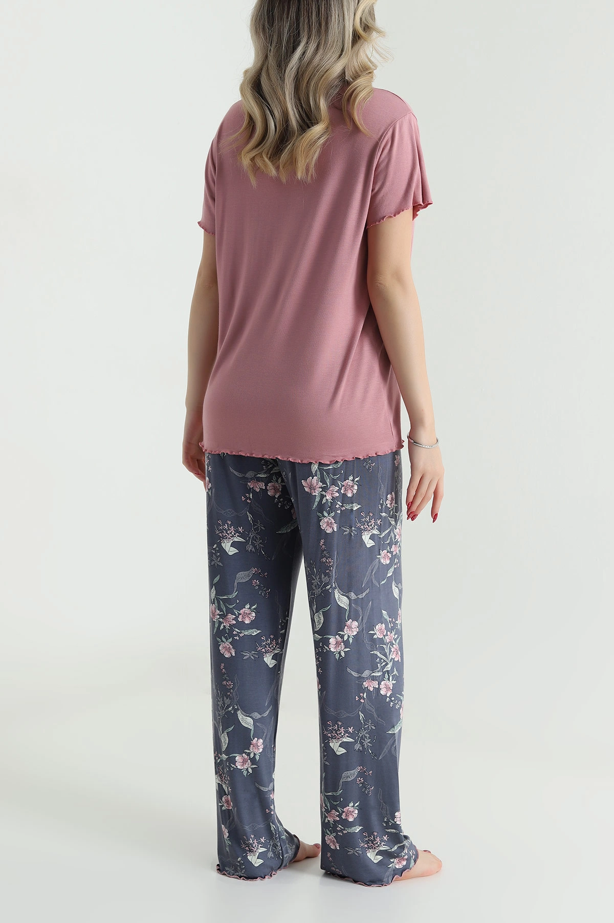 Pudra Yakası Dantelli Ring Viskon Kadın Pijama Takımı 479548
