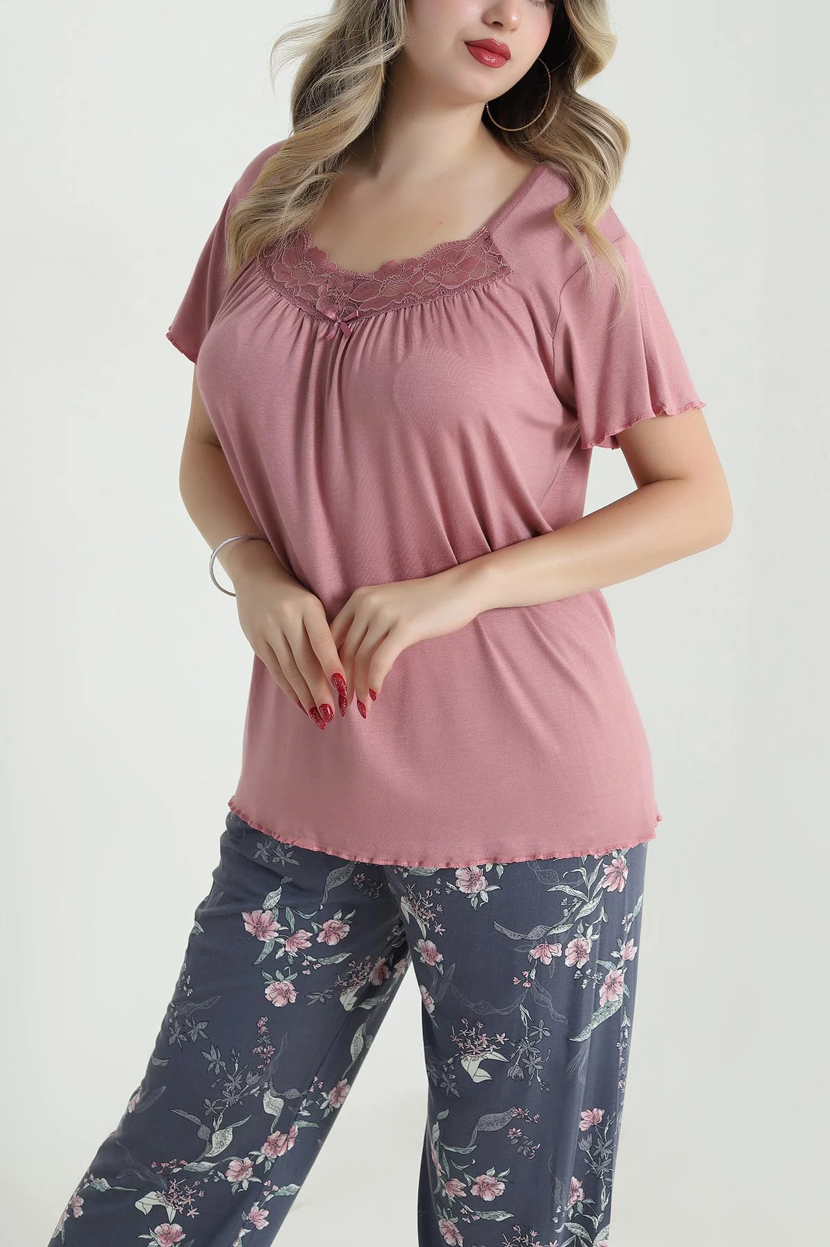 Pudra Yakası Dantelli Ring Viskon Kadın Pijama Takımı 479548