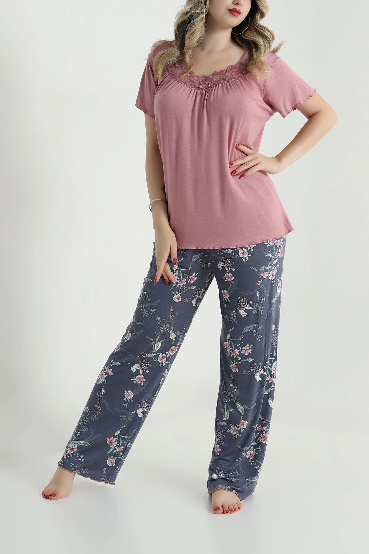 Pudra Yakası Dantelli Ring Viskon Kadın Pijama Takımı 479548