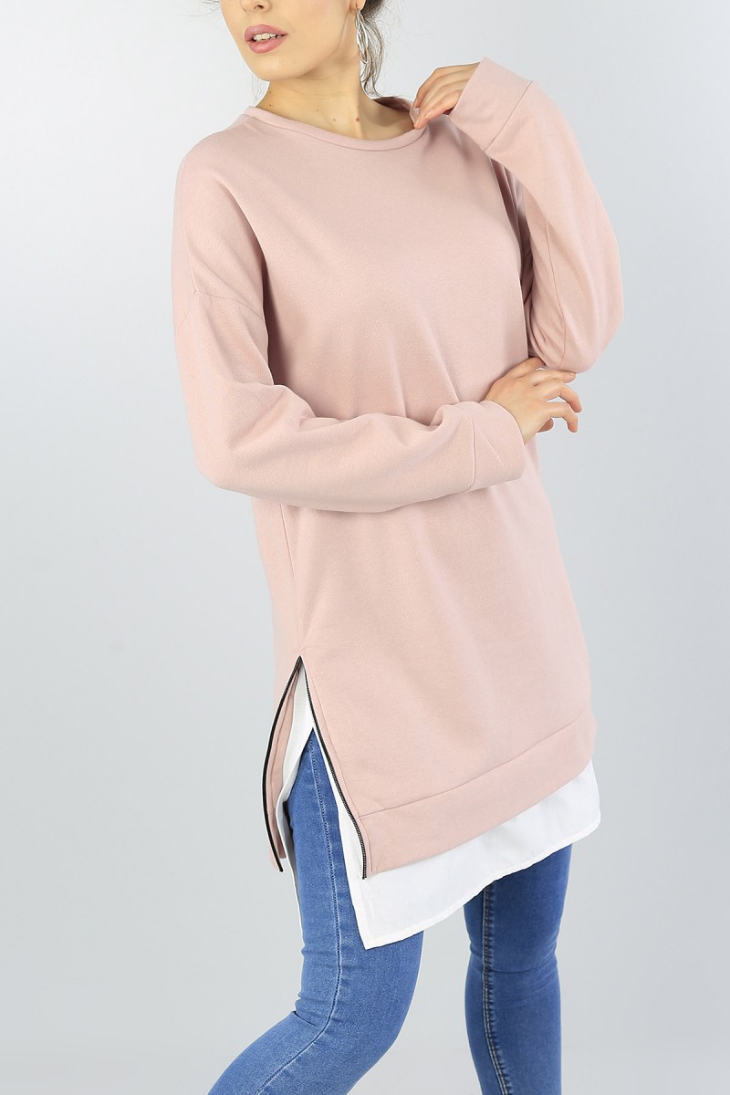 Pudra Yan Fermuarlı Garnili Bayan Sweat Tunik 51353