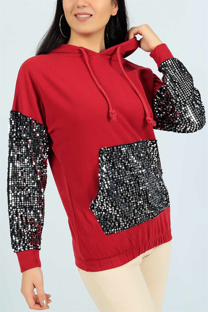 Pul İşlemeli Bordo Bayan Sweat 24567B