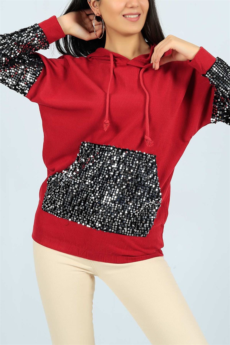 Pul İşlemeli Bordo Bayan Sweat 24567B