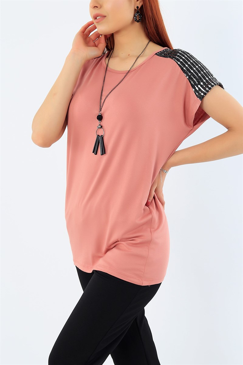 Pul İşlemeli Gül Kurusu Bluz 31838