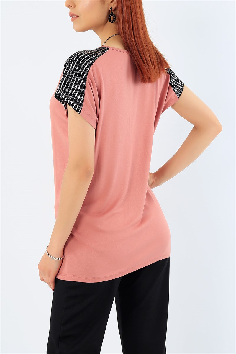 Pul İşlemeli Gül Kurusu Bluz 31838