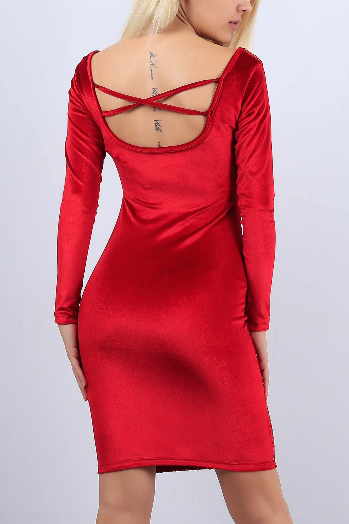 Pul İşlemeli Kırmızı Bayan Elbise 11041B
