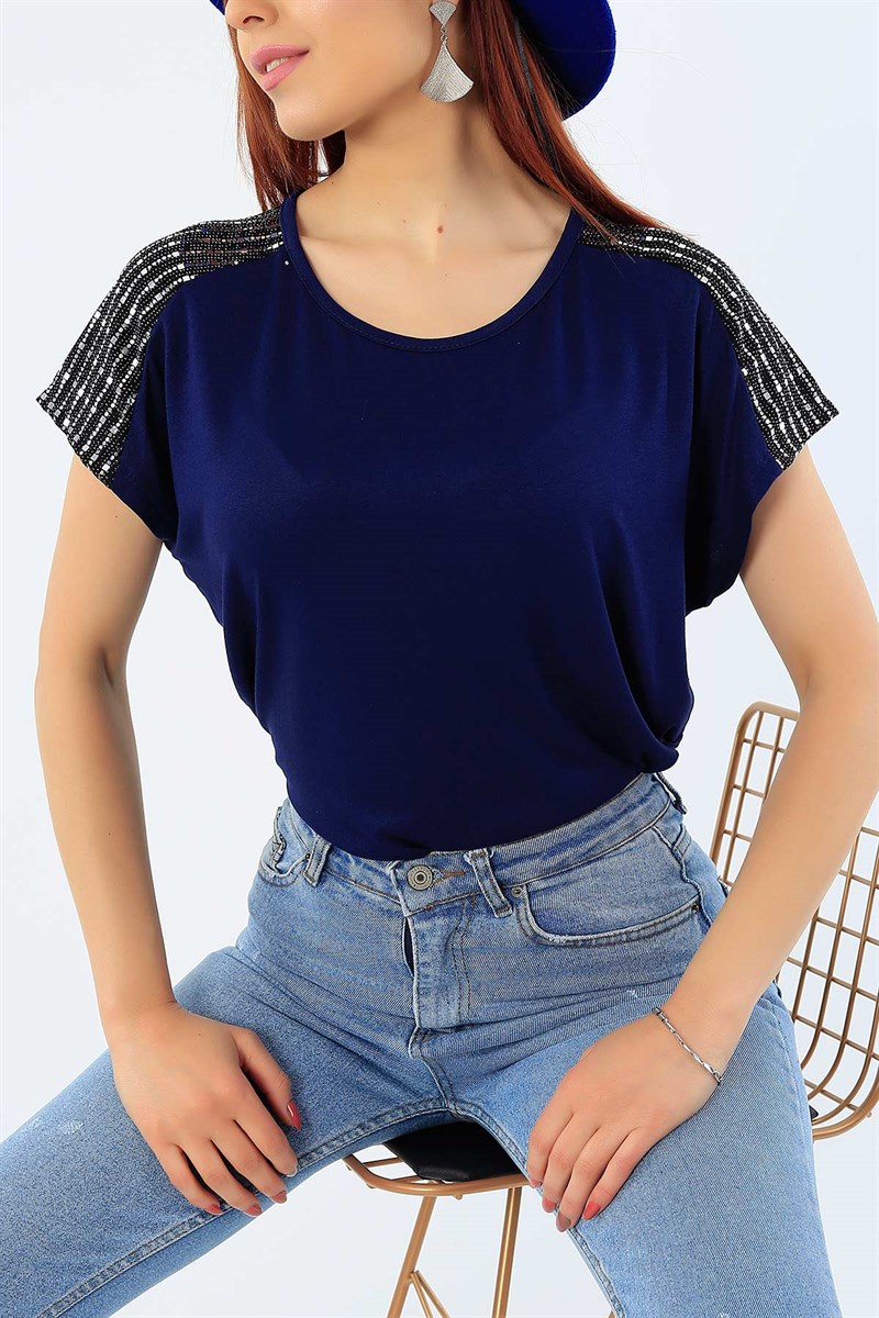 Pul İşlemeli Lacivert Bluz 31842
