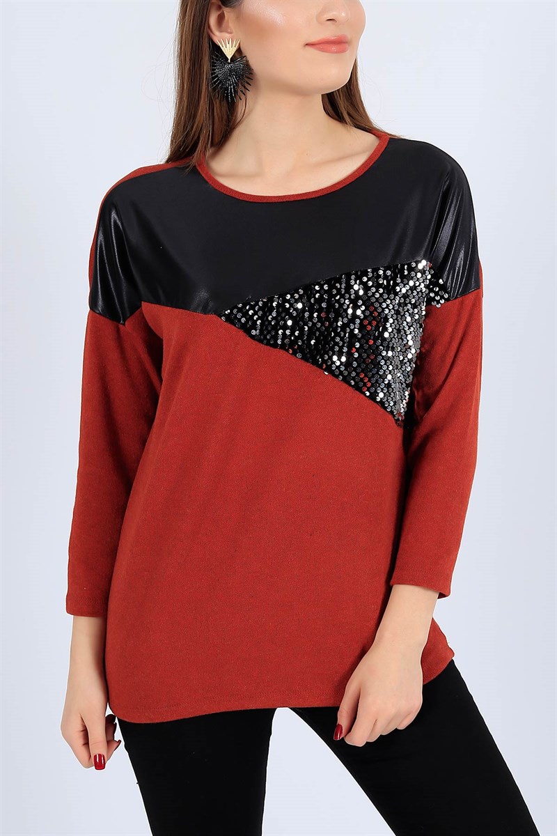 Pul İşlemeli Likralı Kiremit Bluz 25886B